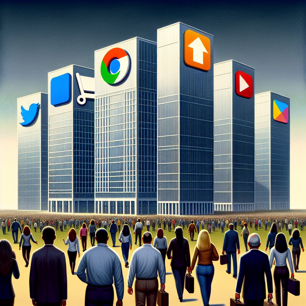 A scene representing a significant business shakeup at major technology companies. Picture four colossal, modern buildings, each representing a tech giant. They could have subtle symbols relevant to the companies like a search icon, a shopping cart, a virtual reality headset, and an electric car. Foreground shows workers emerging from these buildings, with an atmosphere of uncertainty and apprehension, maintaining a professional look and a diverse mix of people with different genders and descents such as Caucasian, Black, Hispanic, Middle-Eastern, and South Asian.
