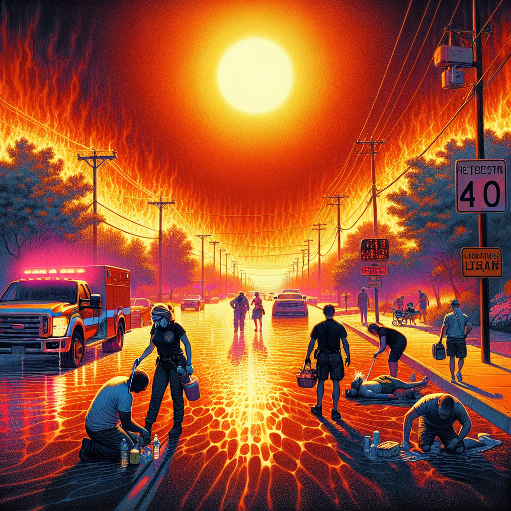 An intense summer scene showing the effects of a heatwave in a small town in the United States. The sun blazes in a cloudless sky, painting the surroundings in harsh, vivid hues. On the asphalt street, the heat visibly ripples, giving off a mirage effect. Some local residents, diversified in terms of gender and race (Caucasian, Hispanic, Black, Middle-Eastern, South Asian) are seen dealing with the heat, fanning themselves, seeking shade under trees, or hydrating. Emergency response personnel are present too; a female Black firefighter and a Caucasian male paramedic douse a small brush fire and aid distressed civilians. Signboards displaying high temperatures are also visible.