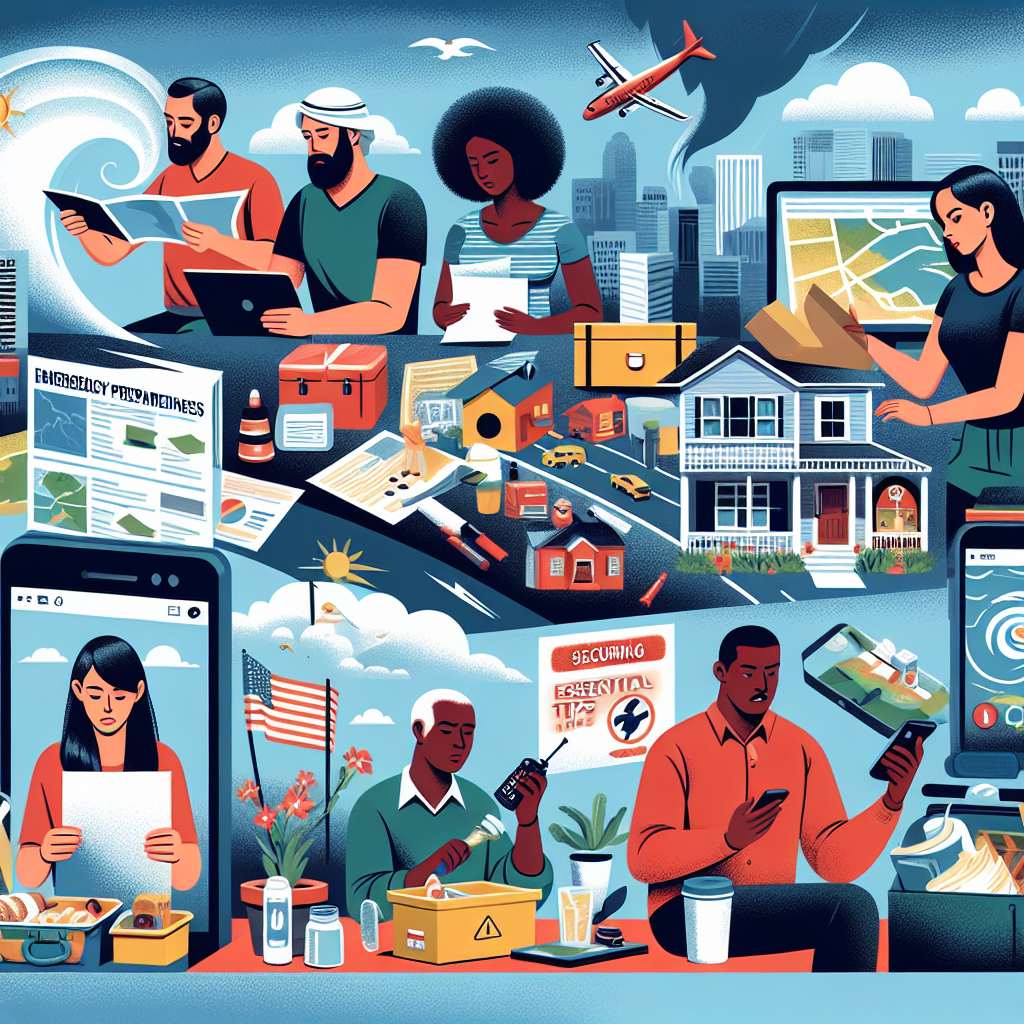 An image showing a diverse group of individuals actively engaged in emergency preparedness activities for hurricane season. This includes a Middle-Eastern male visualizing a weather forecast on a digital map, a Black woman packing important documents, flashlights, and food into an emergency kit, a South-Asian man securing his home's windows with storm shutters, and a Hispanic woman communicating emergency plans over a radio device. In the background, there's a cloud-filled sky indicating an approaching hurricane, and the forefront of the image should display the text 'FEMA Emergency Preparedness Updates | Essential Tips for Hurricane Season'.