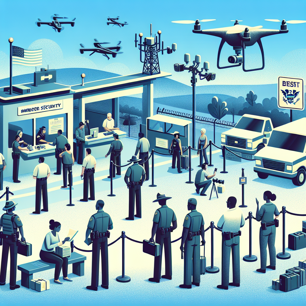 Create a visual representation of 'Immigration Policy Changes: Best Border Security Updates.' Show a well-guarded border checkpoint, equipped with modern technology such as thermal sensors, cameras, and drones. The checkpoint is staffed by a diverse team of workers - a Hispanic female immigration officer is checking documents of travelers, while a black male border patrol officer with binoculars surveys the landscape. In the waiting line, showcase people of various descents to illustrate the diverse background of immigrants. Incorporate signs indicating updated immigration policies prominently and in a positive light.
