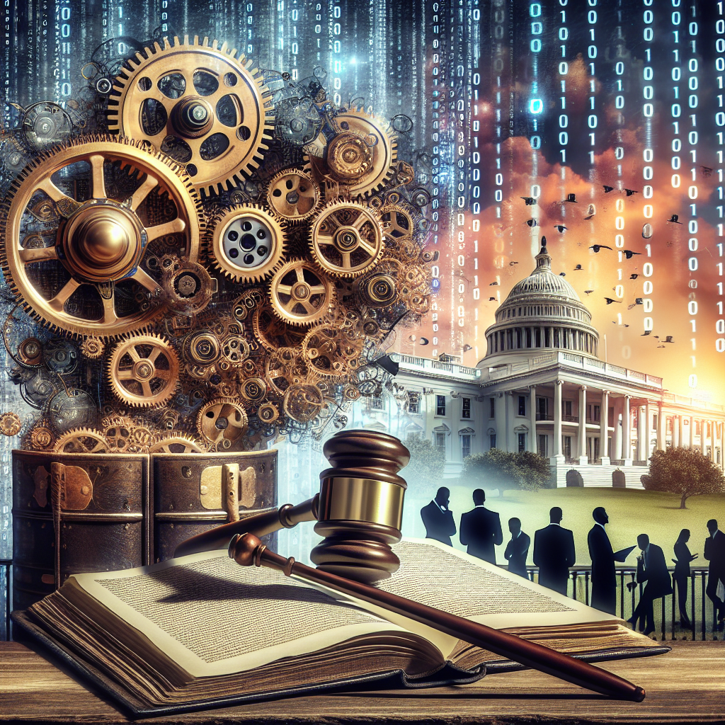 A spectacular view of machine gears and binary codes sitting atop an antique parchment, symbolizing the combination of artificial intelligence and regulation. At the forefront, a golden gavel rests on top of an open book with pages inscribing the words 'Best Practices'. On one side of the scene, the silhouettes of non-descript individuals engaged in thoughtful discussions are depicted implying policy discussions. The White House in the backdrop under a dusky sunset sky represents the addressee of these regulations.