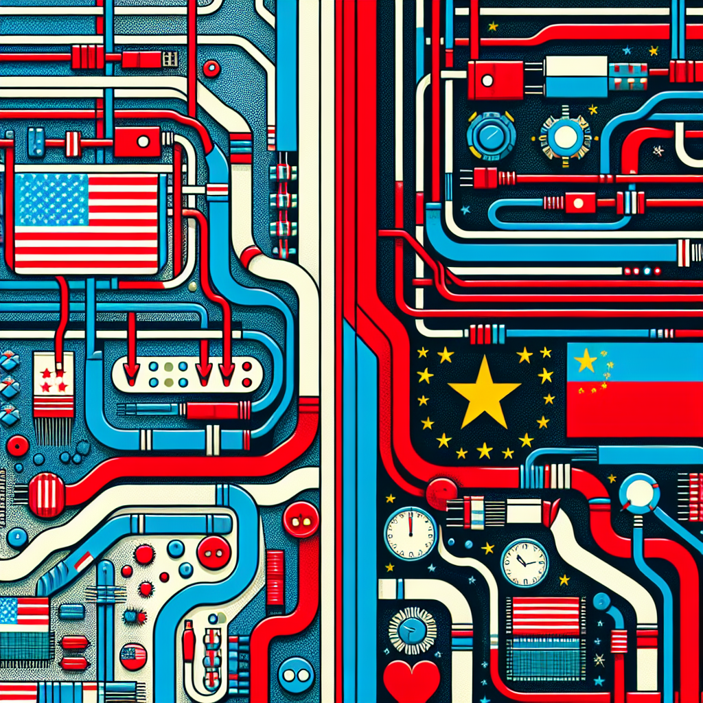 Depict an abstract representation of tech tensions between the US and China. Illustrate this through iconic symbols of information technology, such as circuit boards, network connections or data streams, tangled or in conflict. Divide the image into two halves, indicating an escalating tension. On one half, use colors and patterns that suggest the American flag, and on the other half, use those hinting at the Chinese flag. Place a small image of a clock on the borderline, symbolizing the 'tick-tock' nature of the ongoing debates and urgency of the situation.
