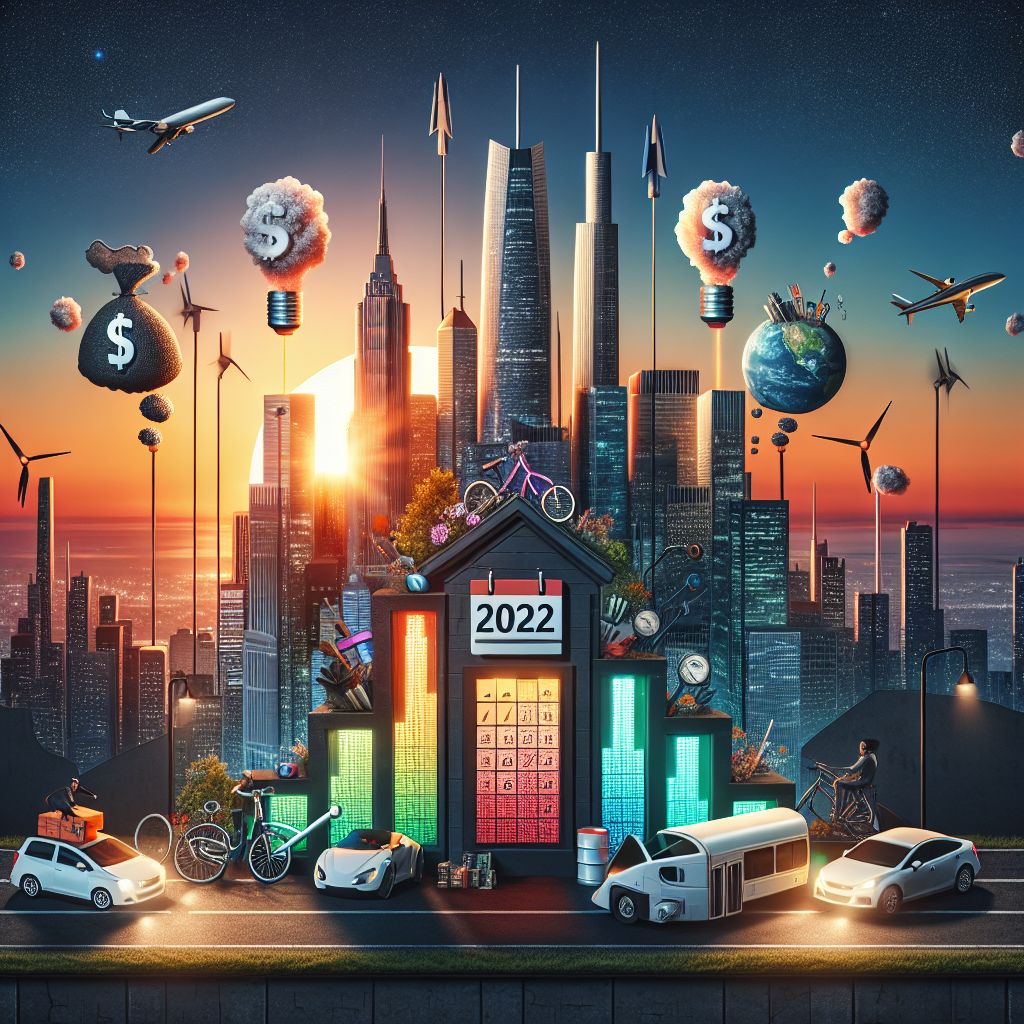 Visualize a sun setting behind a city skyline with skyscrapers representing a bustling energy sector. Featured prominently in the foreground are vehicles of various kinds - a bicycle, an electric car, and a fuel-efficient hybrid bus, all rejoicing with thought bubbles containing descending dollar signs, signifying falling gas prices. Sitting gallantly beside is a majestic looking building labeled as 'Energy Policy HQ' with a calendar nailed on it showing '2022' turned to the front and significant policy guides scattered around. On the horizon, the sky gradually darkens into a starlit night, indicating the future opportunities.