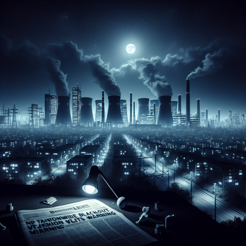 Visualize an evening urban landscape blanketed by a blackout – all the tall buildings and infrastructure submerged in darkness, embodying the potential risk of a power grid failure. Below, emergency lights glimmer with a silver hue, providing a mild contrast and symbolizing the mitigation strategies. In the distance, power plant condensation towers loom, shrouded in partial darkness yet glowing dimly as if standing by. Perhaps, a newspaper tossed on the pavement in the forefront revealing headlines about 'Nationwide Blackout Warnings'. The moon shines brightly in the otherwise starless sky, casting an eerie yet serene mood on the scene.