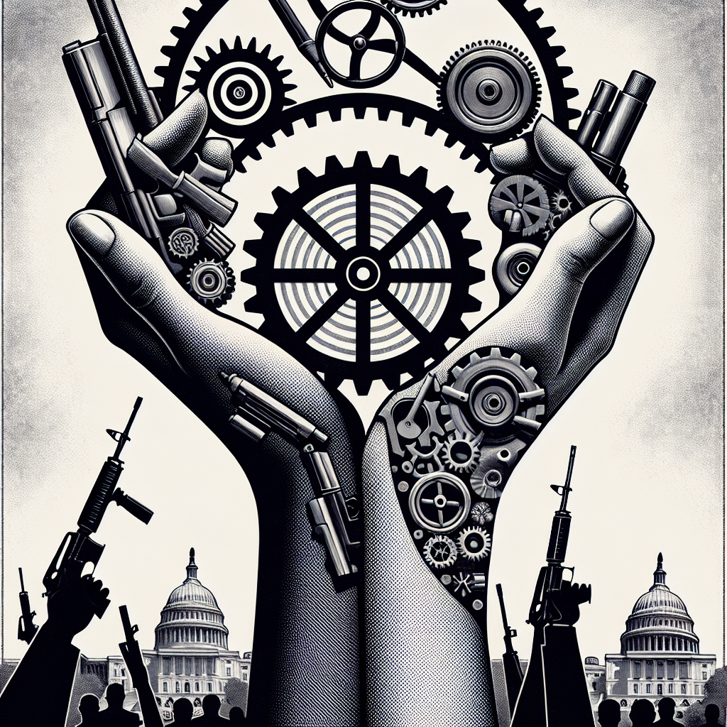 A symbolic composition representing strong measures for gun control. In the foreground, a pair of strong Caucasian and Hispanic female hands holding a sign that reads 'Enough of Gun Violence'. In the background, an intricate set of gears and cogs of legislation pictured working together, symbolizing meticulous and comprehensive federal control. A stark, grayscale color scheme should be used, similar to vintage lithograph prints, underscoring the serious theme.