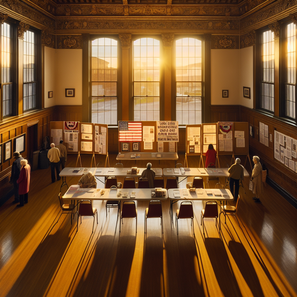 A photograph of a town hall in the United States. High ceilings and wooden floors, with a long table set up with two empty chairs. The table is arranged with stacks of paper, pens, and official-looking document folders. Near the large windows, there is a bulletin board displaying a notice about recent changes in voting laws. Outside the window, you can see the golden glow of a setting sun casting long shadows. In the foreground, there are diverse American voters of various descents and genders, including Caucasian, Black, Hispanic, Middle Eastern, and South Asian, reading the information.