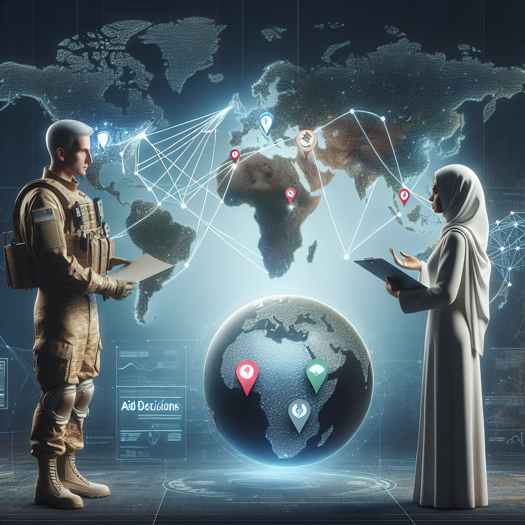 An image symbolizing the concept of global security being enhanced through strategic decisions. A white male military strategist in uniform is standing in front of a large world map, pins and interconnected lines on it showing various alliances. He is engaged in a discussion with a middle-eastern female diplomat, who is holding documents titled 'Aid Decisions'. Additionally, there's a logo of a globe wrapped with an olive wreath, symbolizing peace and security. Their interactive discussion displays their commitment to global security.