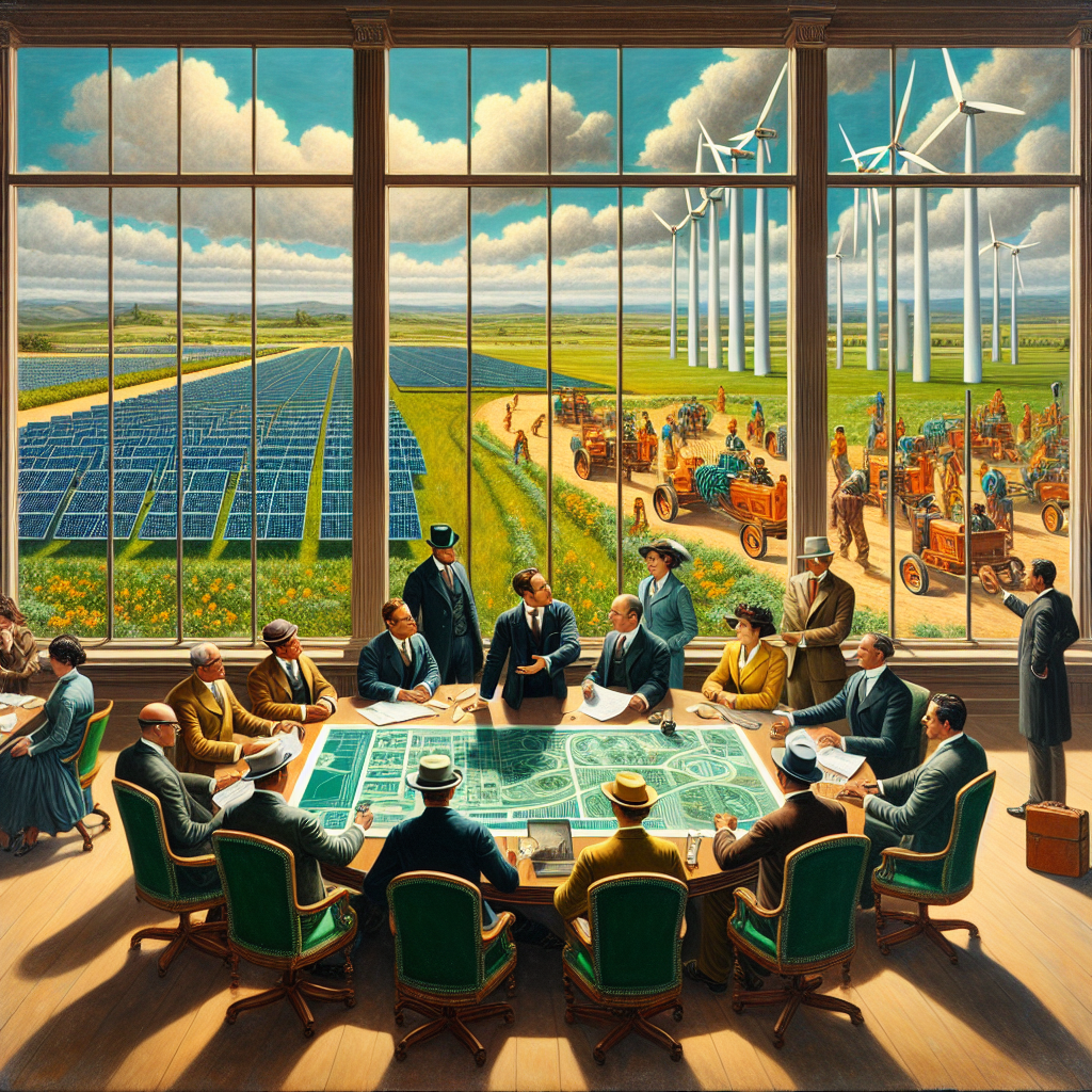 A painting in the style of 19th century realism art, created with oil based paints, depicts a fascinating scene. Imagine a group of multi-ethnic and gender-diverse businessmen and businesswomen intently discussing plans around a boardroom table. On the table lies a blueprint of a wind farm and solar panels. Outside the large glass window behind them, there's a view showing several wind turbines spinning in a clean, emerald-green field under a clear, sunny sky. In the background, workers of various descents are seen installing solar panels. This scene conveys the transformative solutions for climate change through clean energy investment.