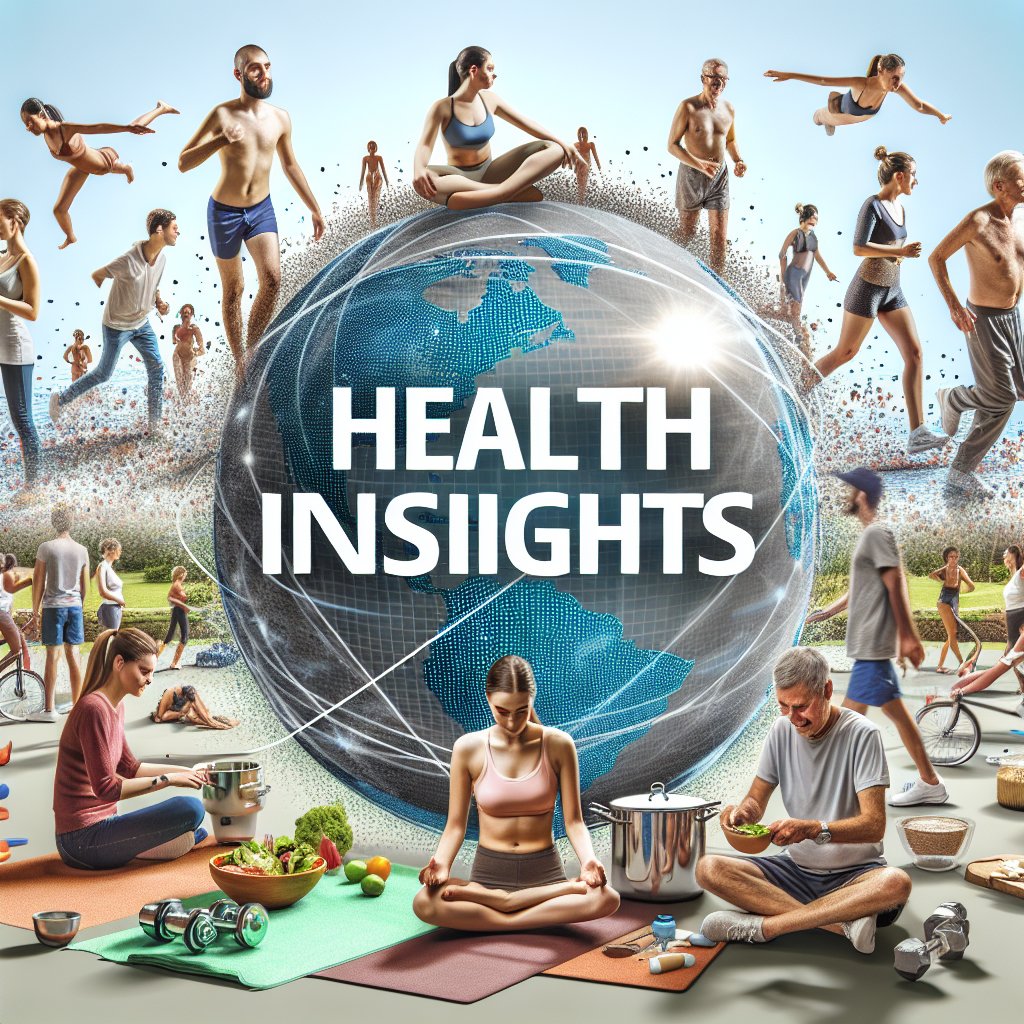 An immersive image showing a group of unidentified individuals engaging in various health and wellness activities. These could include yoga, swimming, cooking a healthy meal, jogging in the park, or enjoying a meditation session. All individuals are diverse in gender and descent, representing a global community. A prominent and bold title that reads 'Health Insights' is centrally placed in a contextually relevant font and color. This scene emphasizes health, wellness, and global unity while providing an anonymous glimpse into the lifestyle choices of influential individuals.