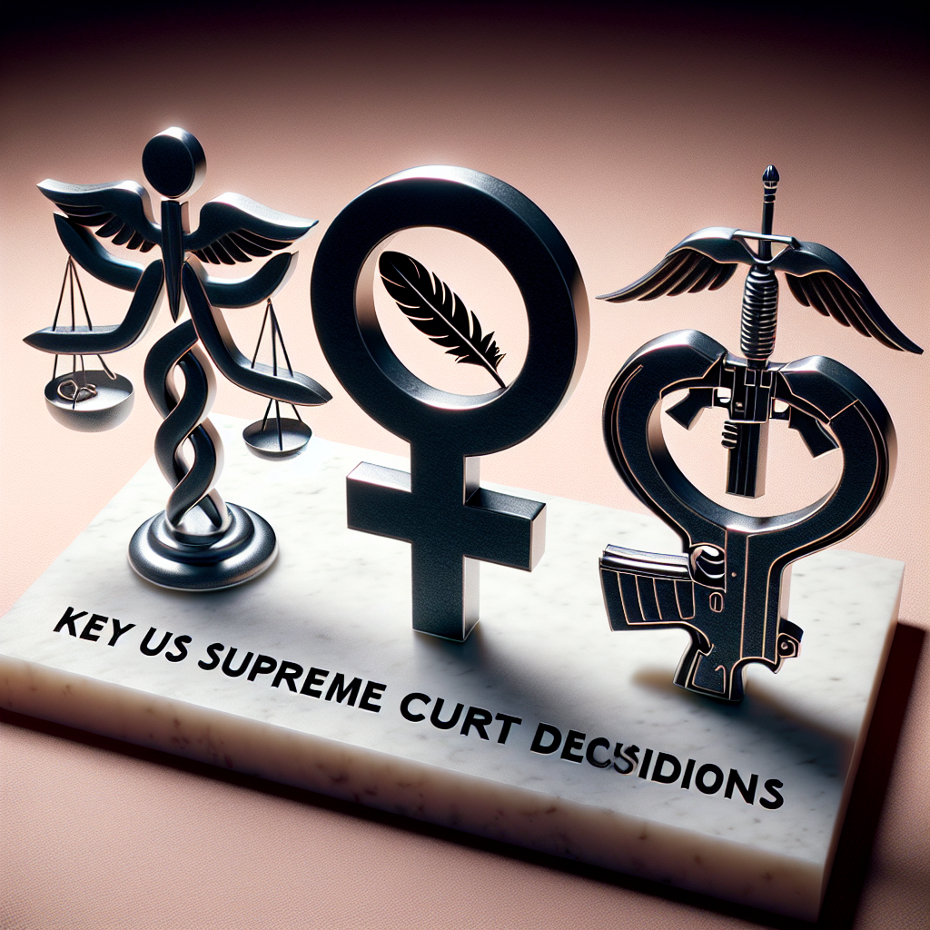 An array of three symbolic images depicting the main subjects. The first symbol represents 'Abortion', depicting a medical cross intertwined with a stylized female symbol, exuding an aura of empathy and understanding. The second symbol, representative of 'Gun Laws', is a weighing scale with a feather on one side and an outline of a handgun on the other side, signifying the delicate balance between legal rights and public safety. The last symbol symbolizing 'Student Loans' depicts an open book with a chained dollar sign, portraying the impact of finances on education. These symbols sit on a marble base labeled 'Key US Supreme Court Decisions'.