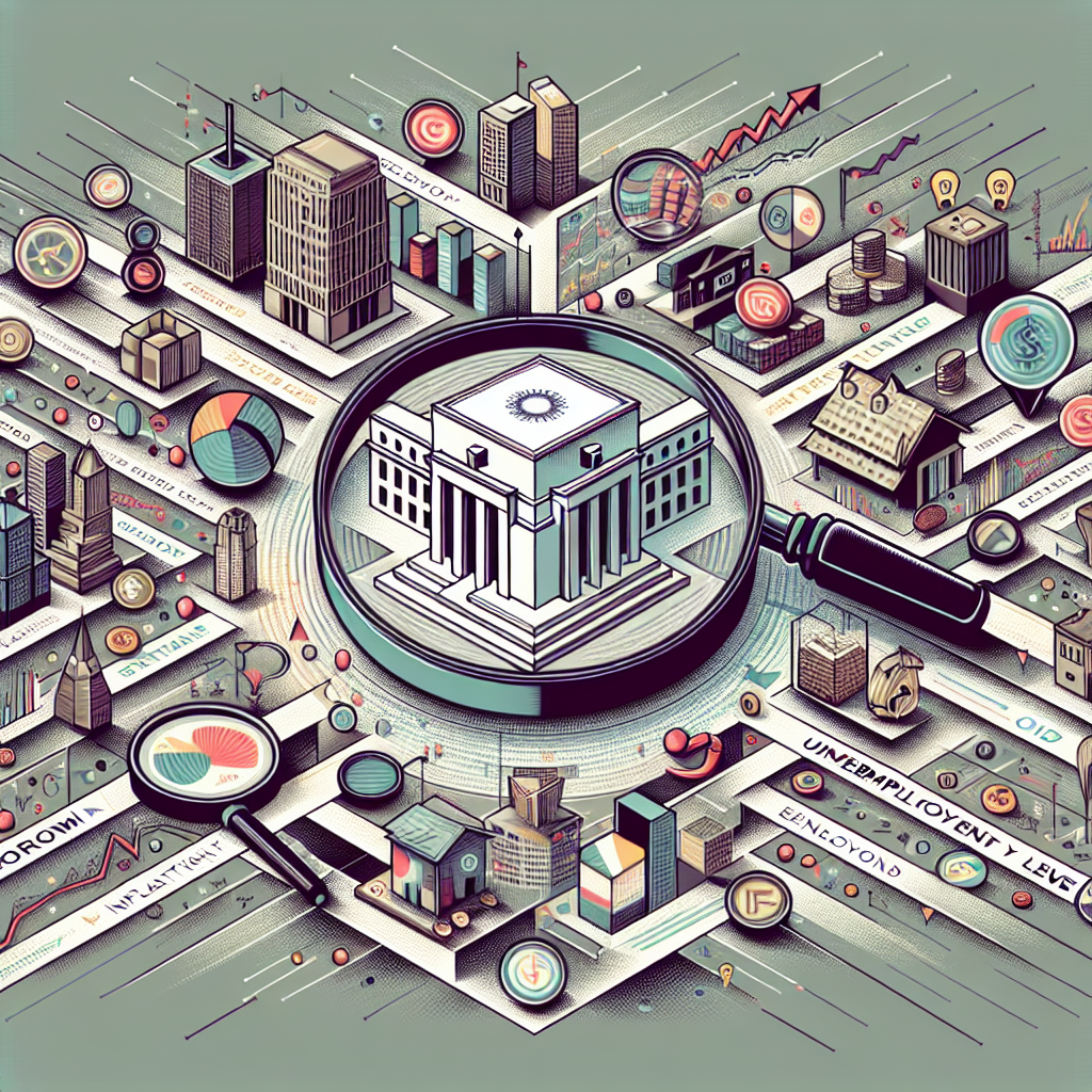 An elaborate, detailed visual composition showcasing a variety of elements related to federal reserve interest rate decisions. The centerpiece of the composition could be an elegant building symbolizing the Federal Reserve, out of which several paths emerge, leading to decision-making elements. These paths could be filled with icons or symbols depicting various economic factors such as economic growth, inflation, unemployment level, that the Federal Reserve takes into account when making decisions. The idea of insights can be represented by a magnifying glass focusing on these factors, implying a detailed, analytical perspective. Keep the colors subdued and professional, hinting at the serious nature of the subject.