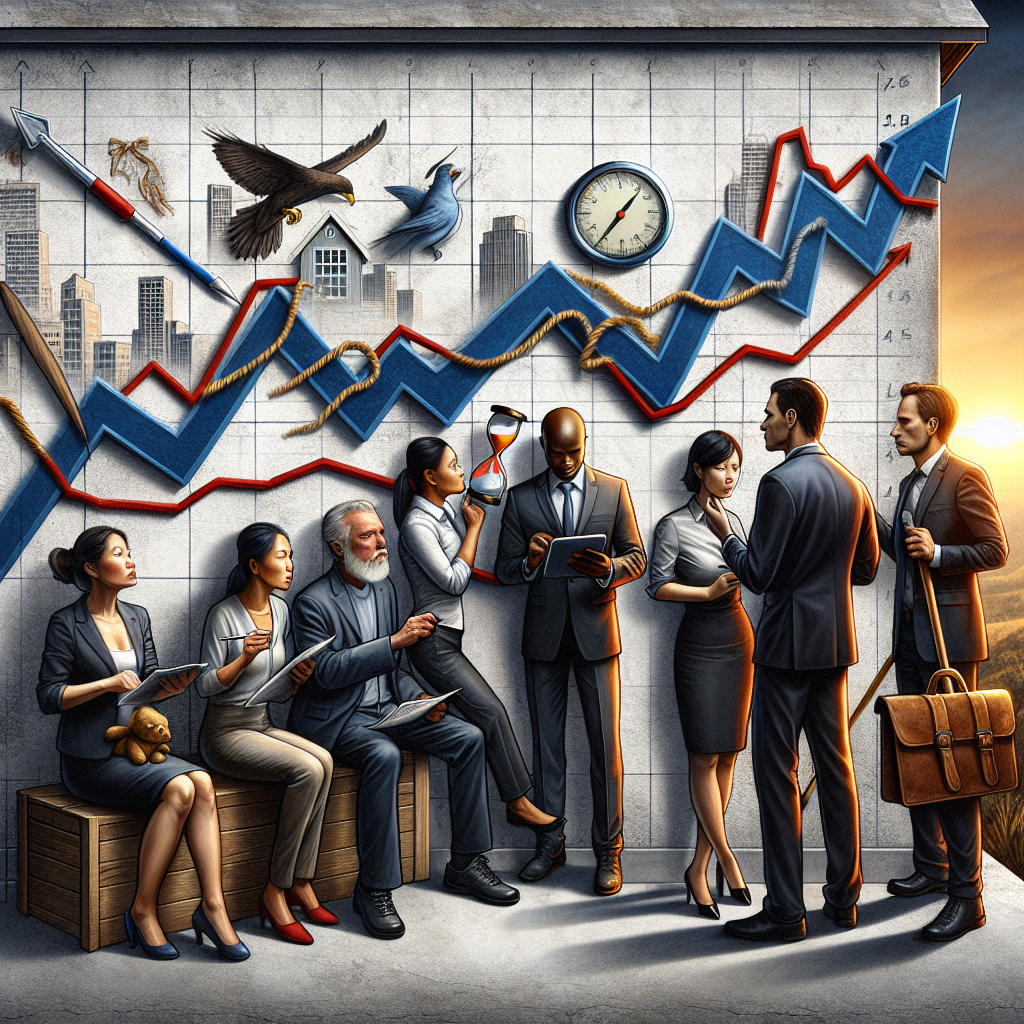 A strikingly detailed image related to the US housing market crisis. It should paint a vivid picture of a wall with fluctuating graphs representing mortgage rates on the rise. Nearby, a diverse group of individuals: an Asian woman, a Hispanic man, a Black woman, a Caucasian man, all in business attire, should be huddled together analyzing the charts. They carry tools that symbolize different strategies, such as a compass, a roadmap, an hourglass, and a shield. The setting sun in the background hints at the urgency of the situation.