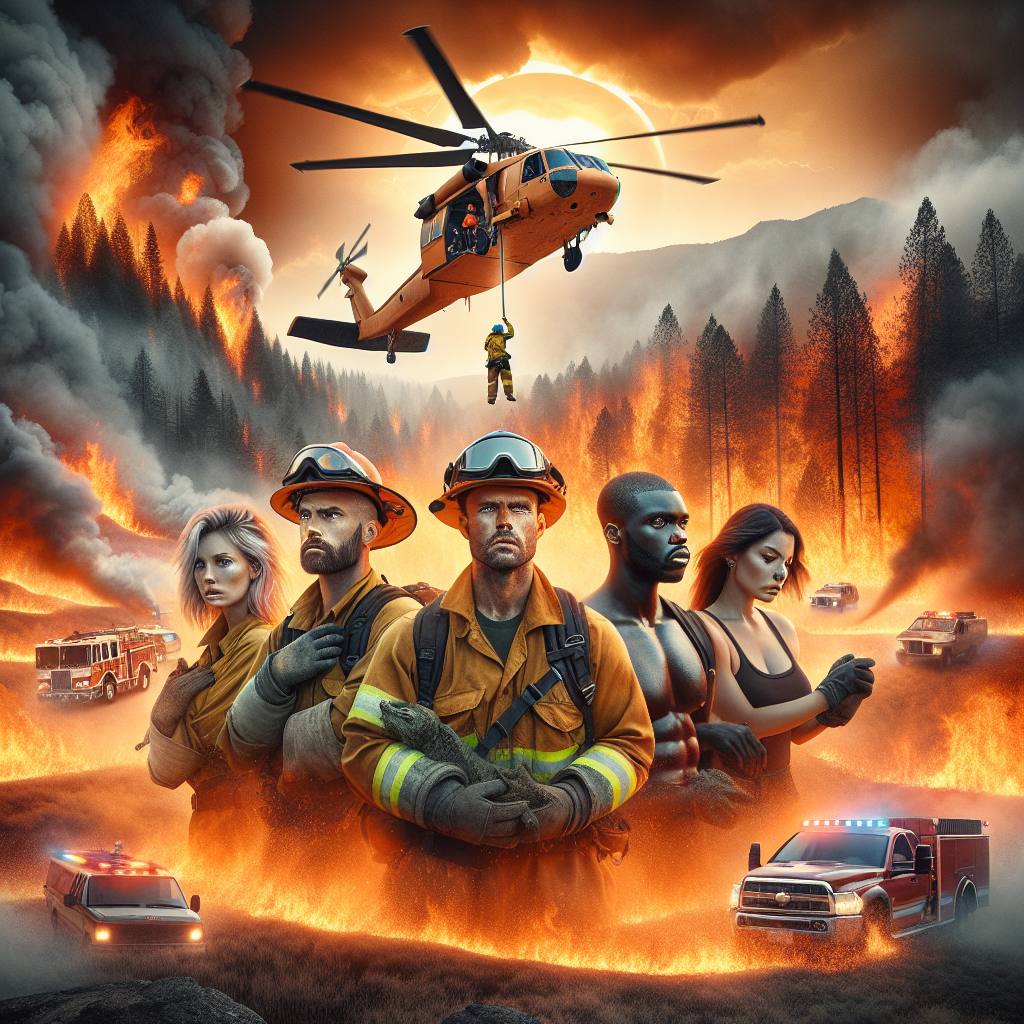 A surreal depiction of a scorching summer afternoon. The atmosphere is filled with an intense orange glow, reflecting the extreme heatwave conditions. In the foreground, forest firefighters, a determined group consisting of a Caucasian woman, a Hispanic man, a Black man, and a Middle-Eastern woman bravely battling the blazing wildfire wearing special protective gear. A helicopter overhead poised to drop water onto the furious flames that are consuming the landscape beneath. In the background, emergency service vehicles with flashing lights, rushing to aid in the operation.