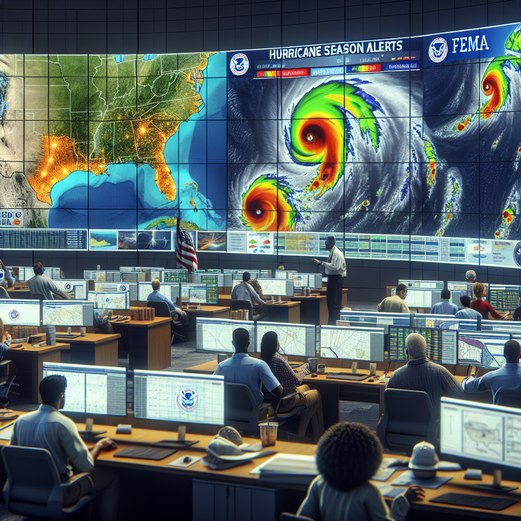 A dramatic scene of a bustling FEMA headquarters where dedicated personnel are diligently working. Multiple computer screens display brightly colored weather models of an approaching hurricane. A large digital wall map prominently features the United States Gulf Coast with an ominous storm approaching. An important bulletin board features the words 'Hurricane Season Alerts.' People in the scene are diverse, including a Caucasian man checking radar maps, a Black woman issuing orders, a South-Asian man taking notes and a Hispanic woman monitoring communication channels.