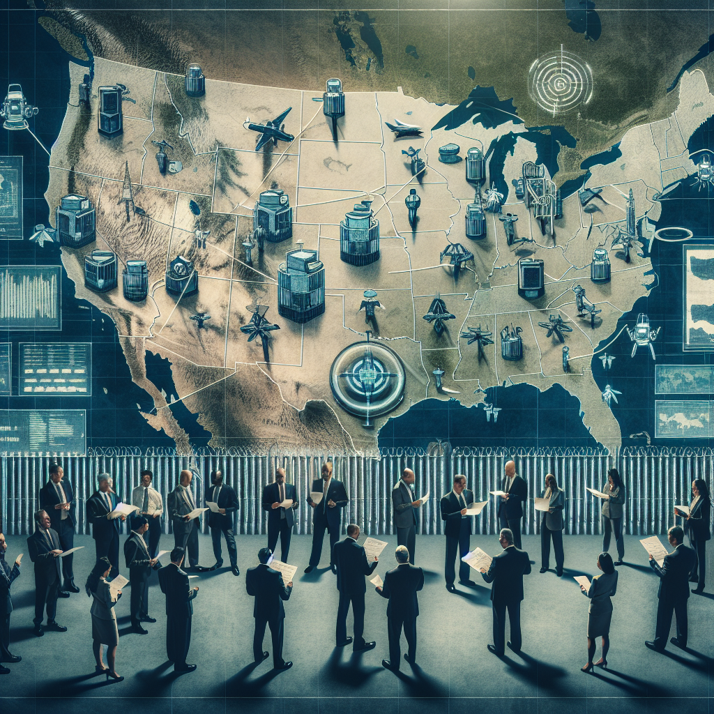 Visualize a highly detailed map with faded background of the United States highlighting the borders with illustrative symbols representing increased security measures; such as surveillance cameras, guard posts, fences, and infrared sensors. Around the map, depict diverse group of individuals wearing professional attire, representing policymakers, engaged in discussions holding documents titled 'US Immigration Policy'. Additional features could include a large digital screen displaying real-time statistics of border crossings. The overall feel should convey serious discussion and decision making in a modern, high-tech environment.