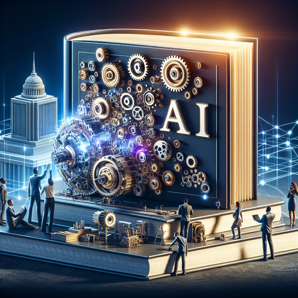 Visualize a concept representation of AI regulation and compliance. Focus on a large, well-constructed machine made of gears and metals, symbolizing Artificial Intelligence. Beside this machine, depict a giant book labeled 'AI Policies', which appears to be directing the operation of the machine. Also, in the background, have an iconic representation of a government office building to hint at the idea of regulations. Introduce a diversity of people interacting with the machine and the book: a Hispanic woman reading the AI policies book, a Black man adjusting the gears, and a Middle-Eastern woman examining the overall operation. Make sure the image is illuminated with a powerful light source, symbolizing the transparency in regulations.