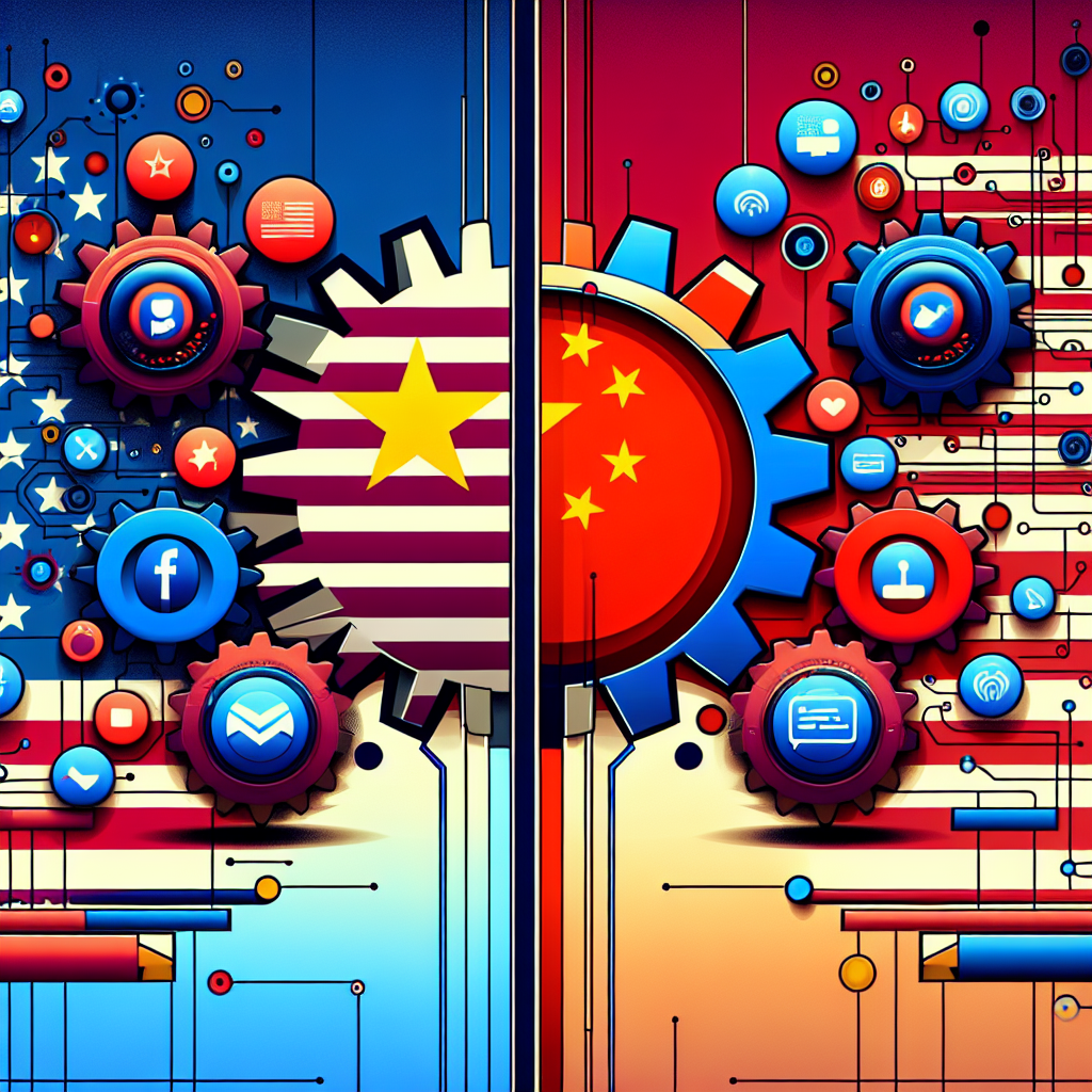 Visualize an abstract concept representing technology tension between two major world powers. Depict a pair of broken gears in the colors of the US and China's flag, each surrounded by digital icons signifying social media and technology. In the background, create a dividing line suggesting division and conflict. A banner in the middle, showing the text 'Tech Tensions', with smaller text below saying 'Social Media Ban Debate', symbolizes the contentious issue at hand.