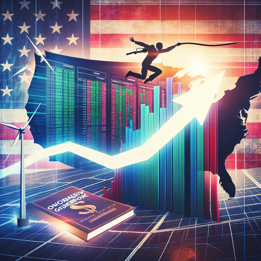 A graphic representation of gas prices leaping up high on a chart against the backdrop of an American map. Overlay it with a comprehensive guidebook that has a catchy title like 'Navigating the Shifts in US Energy Policy'. Use the colors of the American flag to symbolize the USA. Show a symbolic wind turbine and solar panels next to the guidebook, representing renewable energy options. The atmosphere should be indicative of an urgent, demanding situation, subtly reflecting the importance of understanding policy shifts.