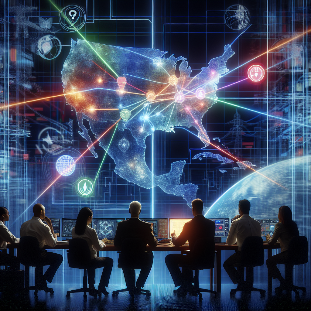 An image depicting a cautionary scenario related to nationwide blackout warnings. In the middle of the image is an intricate map of a country's power grid, glowing with multi-colored lines that represent various energy sources. On the sides, a panel of diverse professionals (a Caucasian female electrical engineer, a Middle-Eastern male infrastructure manager, a Hispanic female cyber security expert, a South Asian male government official) are working tirelessly to prevent potential power grid failures. The background should have a digital, futuristic, and tense atmosphere.