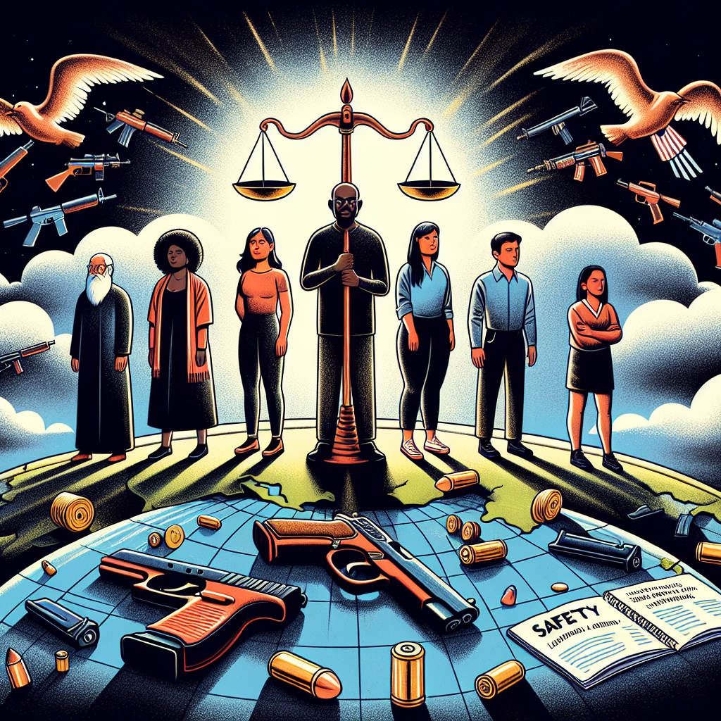 A vivid illustration depicting the concept of safety in a context reshaped by gun violence. In the visual, features a diverse group of individuals, each with distinct gender and racial identities; include Hispanic woman, Caucasian man, Black man, Middle Eastern woman, South Asian woman, and White man. They are standing on a globe, symbolizing the world. In the center, visualize scales of justice, weighing a handgun and a document marked 'Federal Gun Control Legislation'. Above them, a shield with the inscription 'Safety' breaks through dark clouds, representing the restoration of peace and protection.