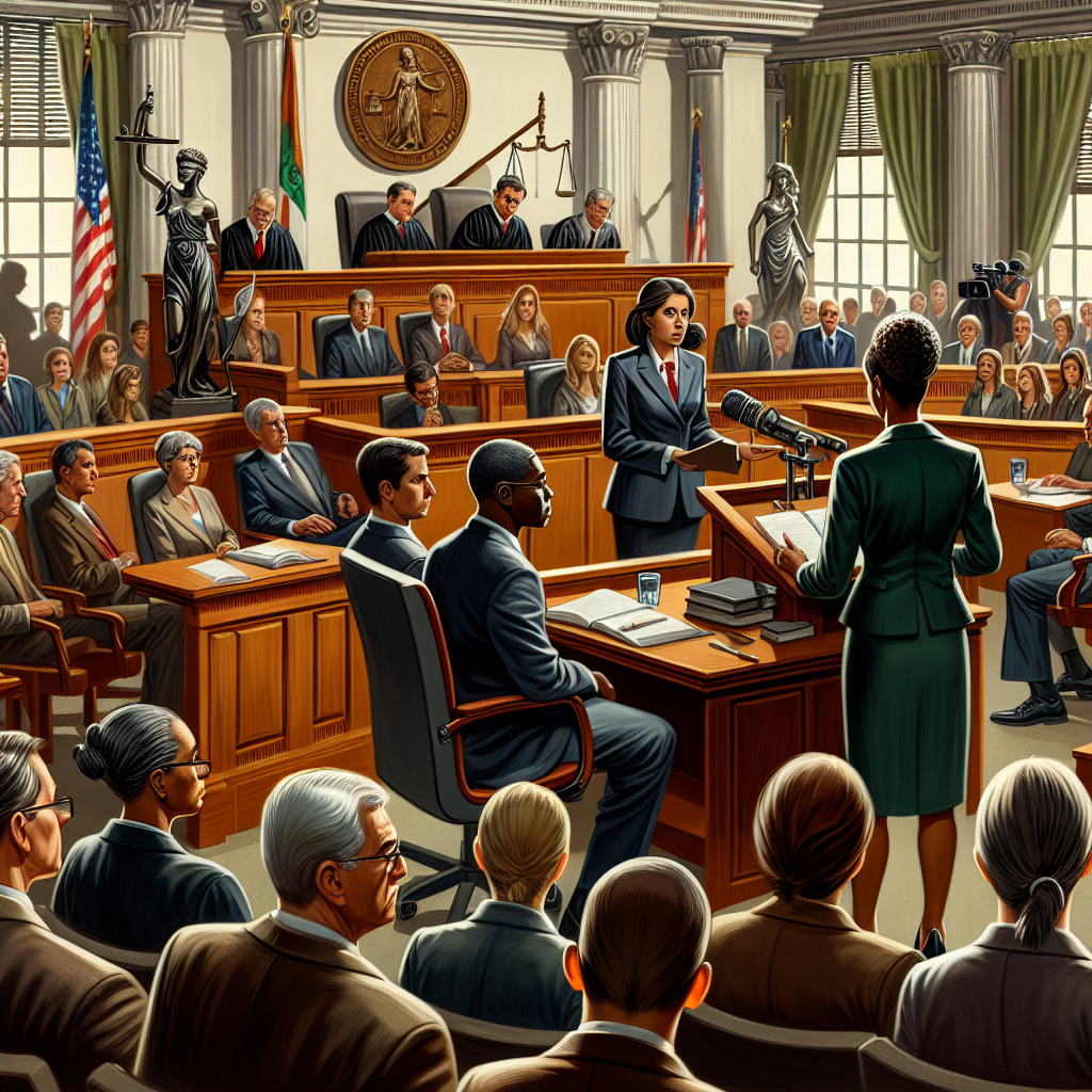 Illustrate a detailed, accurate, and engaging courtroom scene: it is inside a US courtroom during a high-profile criminal trial. Show a diverse set of individuals gathered: a stern judge of East Asian descent presiding over the court, a professional African-American female prosecutor presenting her arguments, a well-dressed Caucasian male defense attorney listening intently, a diverse jury of various descents in the jurors box, a Native American court reporter documenting the proceedings, and a tense audience waiting for the verdict. Also illustrate the allegorical figures, Lady Justice and Themis, overlooking the scene.