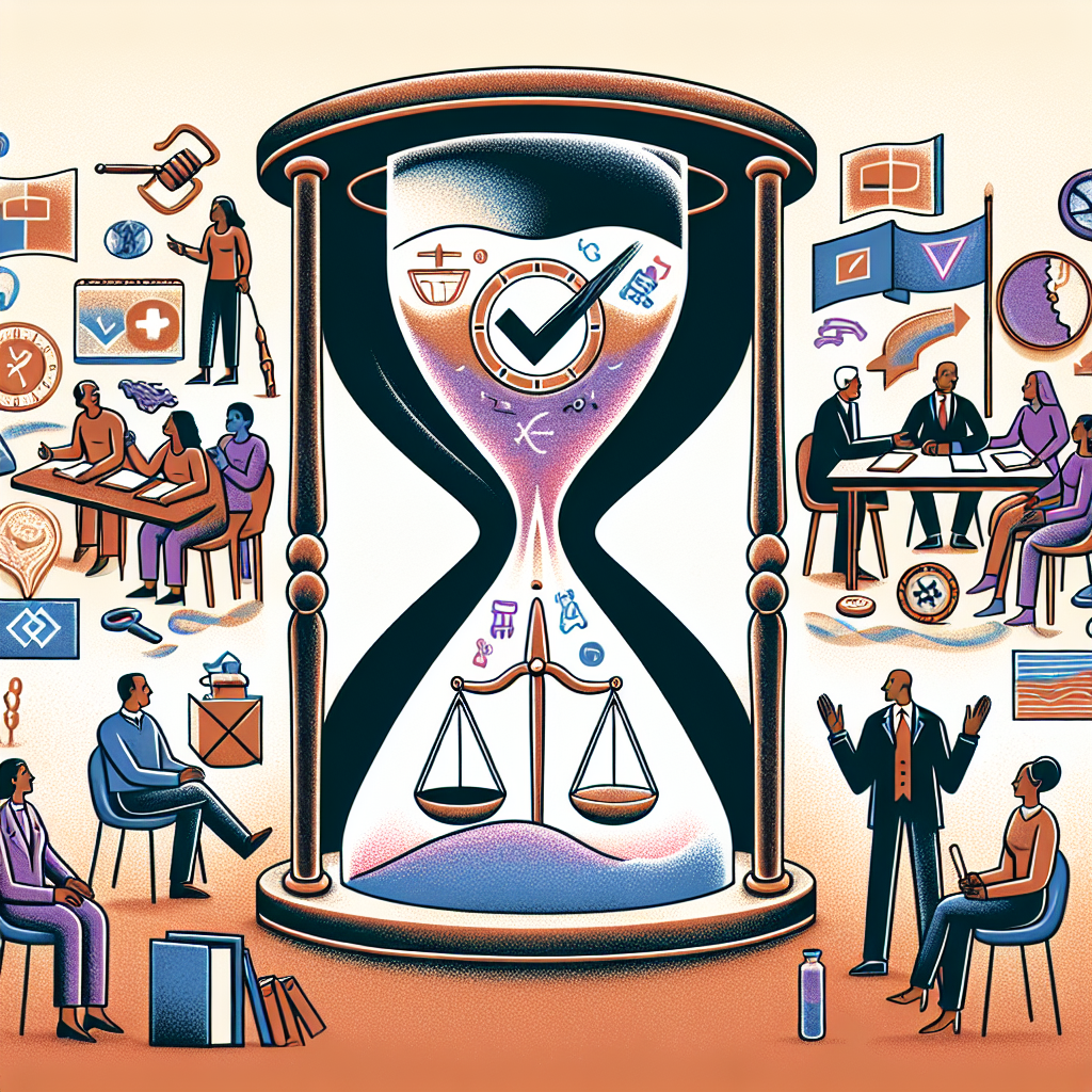 Create a detailed, vibrant illustration representing the theme of improvement and progress in voting laws in 2021. Depict a large hourglass in the center with sand falling symbolizing the passing time. Show various symbols in the falling sand like a tick (for voting), scales (for justice), a book (for knowledge) and a roadmap (for progress). Around the hourglass, depict two groups of diverse people discussing and brainstorming. To the left, illustrate Caucasian and Hispanic men and women. To the right, illustrate Black and Middle-Eastern men and women. Use neutral tones for the background to evoke a sense of balance and fairness.