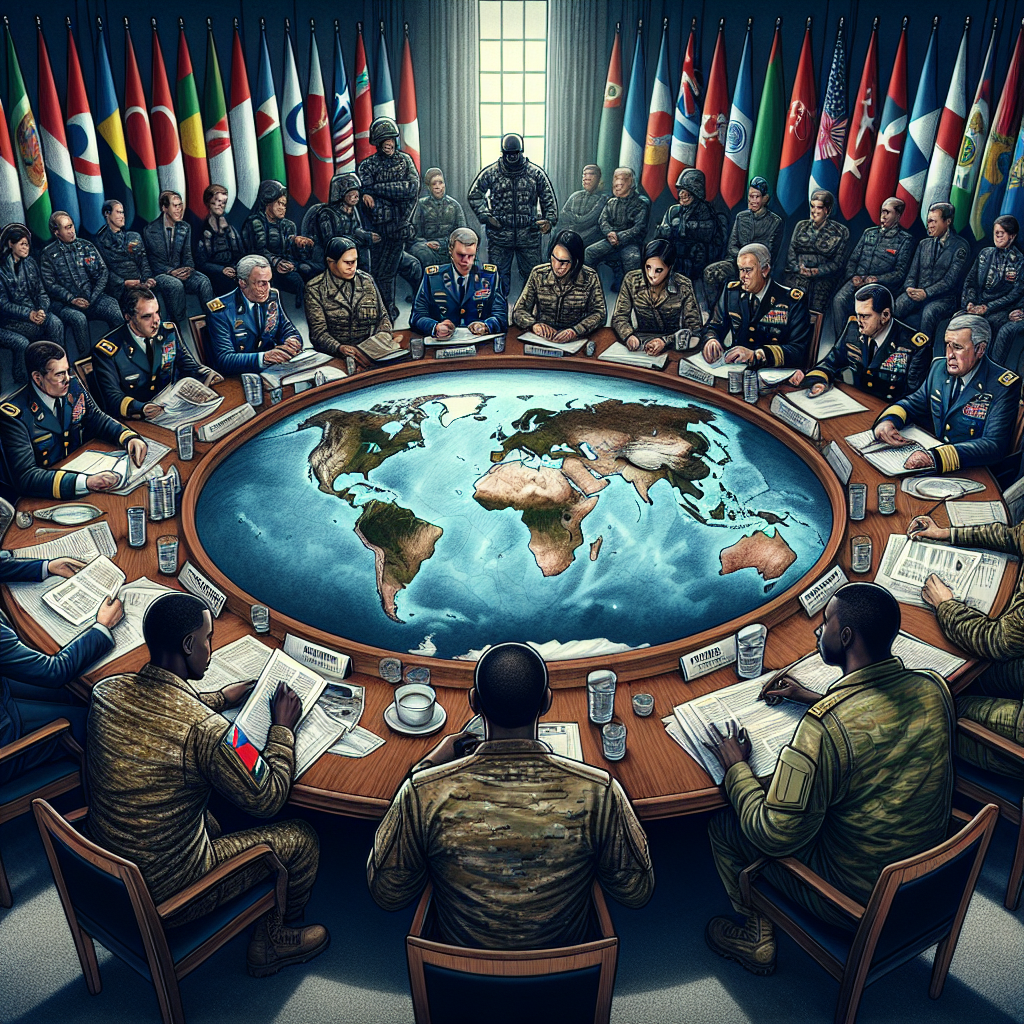A detailed illustration portraying an important roundtable discussion on global security, featuring diverse multi-racial military representatives and global map laid out in the centre. Depict figures in military uniforms, with distinct insignia denoting their ranks and statuses. Each person is calmly deliberating, some analyzing documents, while others are engaging in thoughtful conversation. In the background, flags from countries around the world as a symbol of alliance and cooperation. The overall atmosphere is purposeful and serious, while the setting and the mood should convey the immense responsibility attached to the subject of global security.
