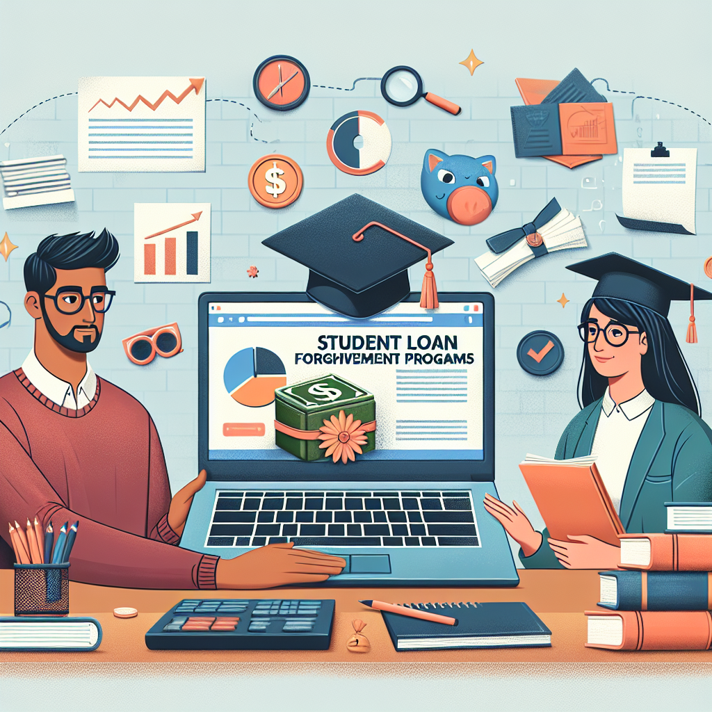 An image showing a South Asian man and a Caucasian woman sitting at a table adorned with a laptop and assorted documents. The screen of the laptop displays an informative graphic about 'Student Loan Forgiveness Programs'. Surrounding them are various elements symbolizing education and finance such as books, graduation caps, and dollar signs. The overall tone of the image should convey a sense of enlightenment and relief as they discover the best student loan forgiveness programs.