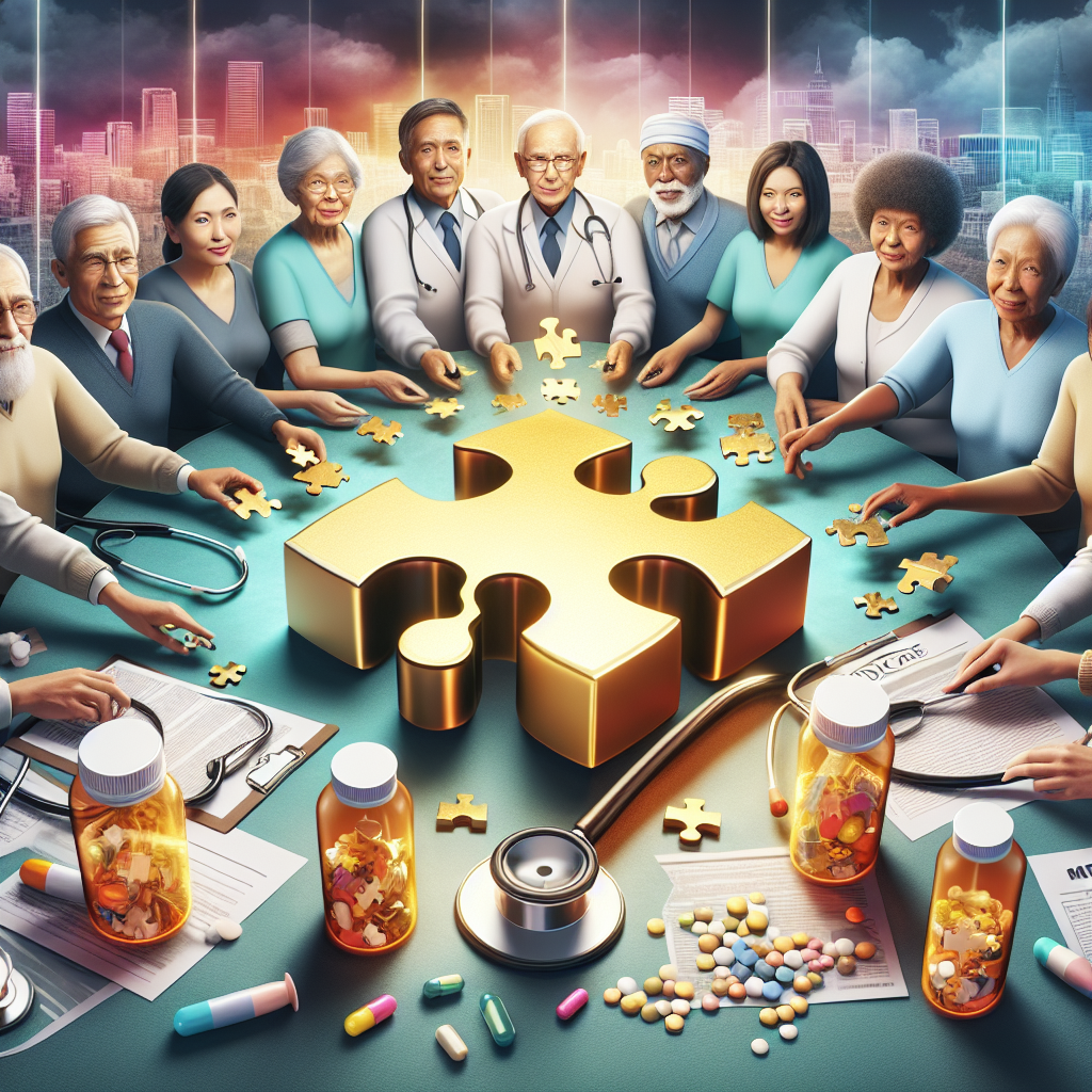 Visualize a concept art that encapsulates the evolution of affordable healthcare in the context of Medicare changes. In the foreground, depict a mixed-race group of elderly people of varying genders (Caucasian male, South Asian female, Black male, Hispanic female) gathered around a table. On the table, place a 3D puzzle that represents the Medicare symbol. The pieces of the puzzle should be emanating a soft, golden glow, symbolizing hope and positive transformation while they're actively fitting together. Incorporate elements such as stethoscopes, prescription medicine bottles, and medical paperwork to convey the healthcare atmosphere. The background should fade into a diverse urban landscape, signifying the wide reach of these changes.