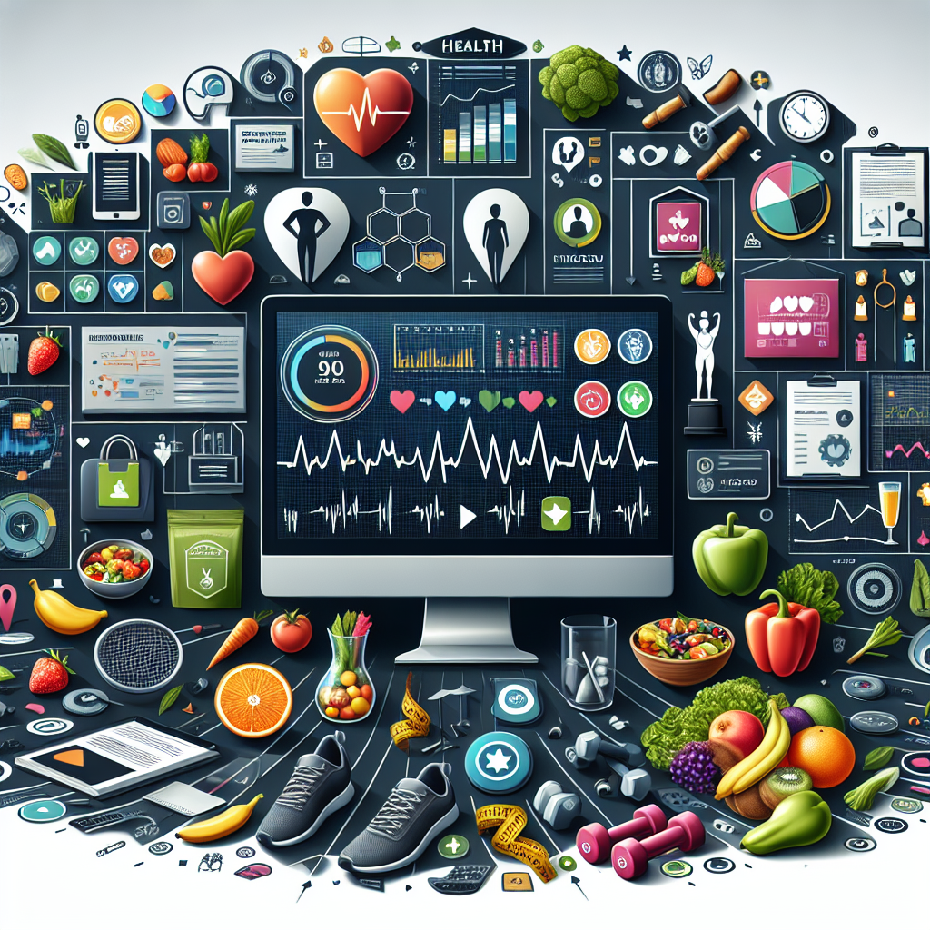 Conceptual image depicting health updates. Visualization of a large computer screen with various digital indicators and graphics related to health, such as heart rate graphs, dietary plans, fitness progress trackers. Spread around are assorted elements representing healthy lifestyle choices, for instance, fresh fruits, vegetables, dumbbells, running shoes, yoga mats. Also noted are a few icons symbolizing a famous personality such as a star-shaped icon, award statue, and director's chair. Navigate nuanced hints at celebrity without revealing direct identities.