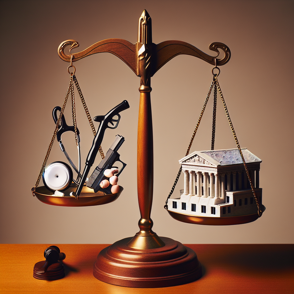 Imagine a symbolic courtroom scene that metaphorically represents significant Supreme Court decisions. A weighing balance is at the center of the image, with three distinct items on each scale pan. On one side is a medical stethoscope, symbolizing healthcare and abortion issues. On the other is a small model of an educational institution building, representing student loans, and next to it lies a miniature representation of a firearm, symbolizing gun laws. Each item should be on its tip, showing its precarious placement and highlighting the delicate balance of justice. Please, generate this image in a neutral color scheme with tasteful use of shadows for dramatic effect.