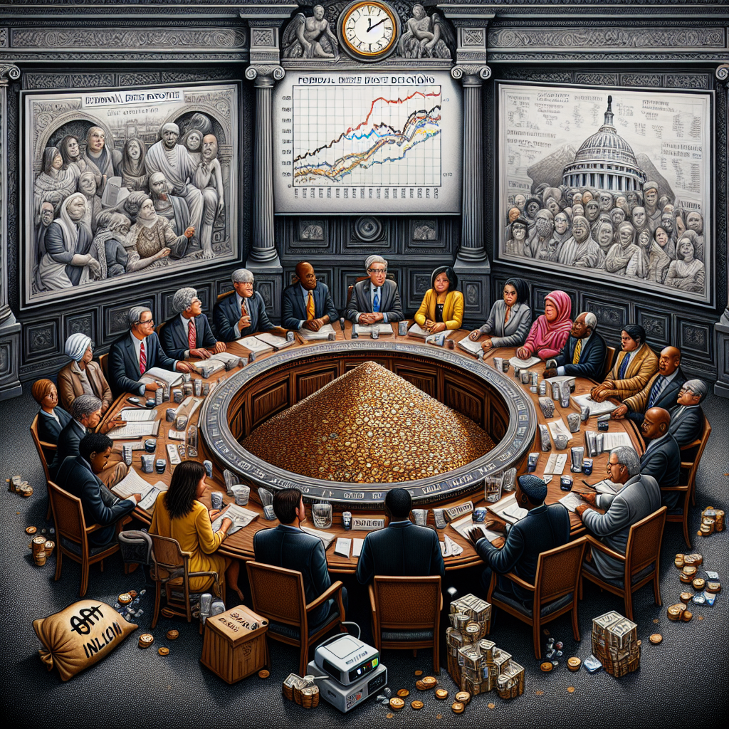 An intricately detailed scene of a large round table, around which sit a group of diverse people engaged in serious conversation. Representing various descents such as Caucasian, Hispanic, Black, Middle-Eastern, South Asian, and White, and a balance of genders, these individuals are economists. At the center of the table is a stack of papers titled 'Federal Reserve Interest Rate Decisions'. To one side, a projector is displaying a complex line graph representing 'Inflation Rate'. On the wall behind, there's a large, ornate clock symbolizing time ticking. Money, represented as gold coins, is tipped on a scale against a bag labeled 'Inflation', indicative of the balance on the economy.