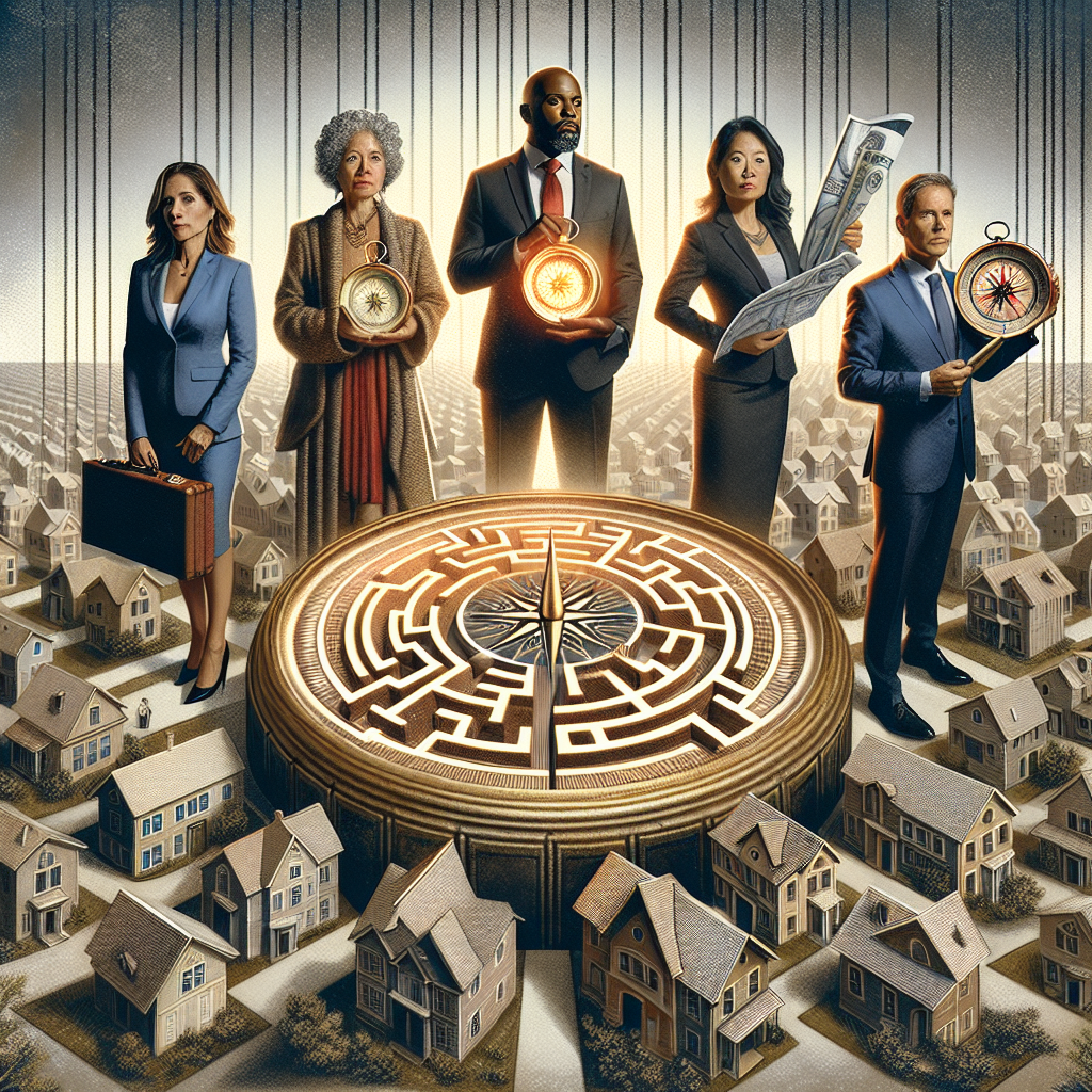 A detailed and balanced collage portraying the theme of the US housing market crisis. At the center, an intricate maze made of houses representing rising mortgage rates. Five leading figures, a Hispanic woman and a Middle Eastern man dressed as economists, a Black man and a White woman depicted as financial advisors, and a South Asian woman garbed as a real estate expert, stand around the maze. They're each holding up a large glowing compass, symbolizing their expert strategies to navigate through the crisis. The overall mood is serious yet hopeful.