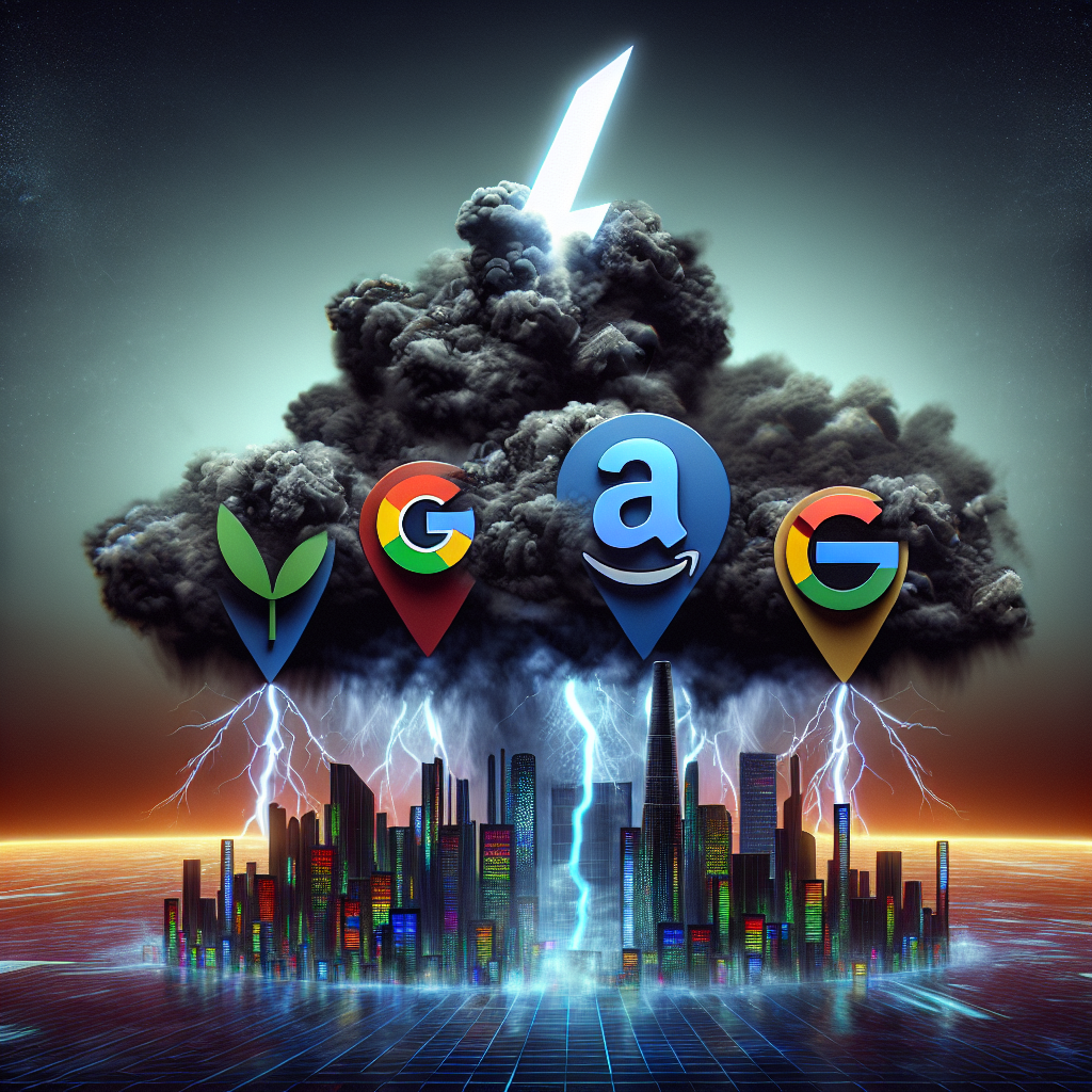 A conceptual illustration of a dramatic stormy scene symbolizing an industry shakeup. Dark clouds gather around colorful icons representing Google, Amazon, Meta, and Tesla. This storm brews over top of a futuristic digital cityscape representing the tech industry. Bright lightning bolts touch the top of each icon indicating layoffs. The overall feel of the image should convey turbulence and sudden change in the tech industry.