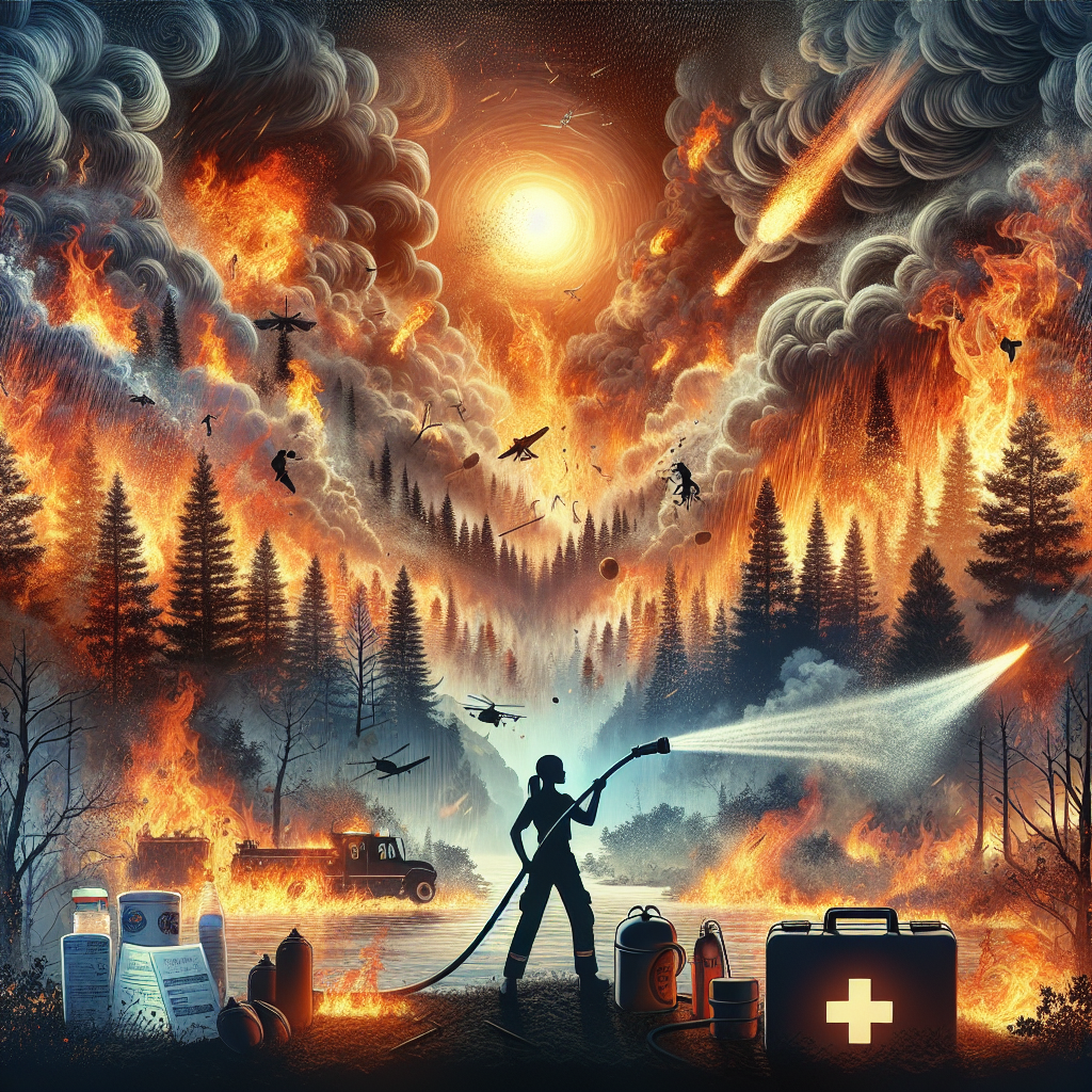 A dramatic illustration of a vast, dangerous wildfire, rampant in a dense forest under the extreme heat beating down from a blazing sun. Integral elements include fire reaching for the sky, tongues of flames swallowing trees, vast clouds of smoke propelled into the atmosphere and fire sparks flying in the wind. Amidst this intense situation, a silhouette of a dedicated firefighter, an Asian female, holding a fire hose, battling the wildfire. Essential safety items are strewn about, such as a first aid kit, a fire blanket and a supply of water. All signaling the best tips to combat extreme heatwaves and surviving a wildfire emergency.