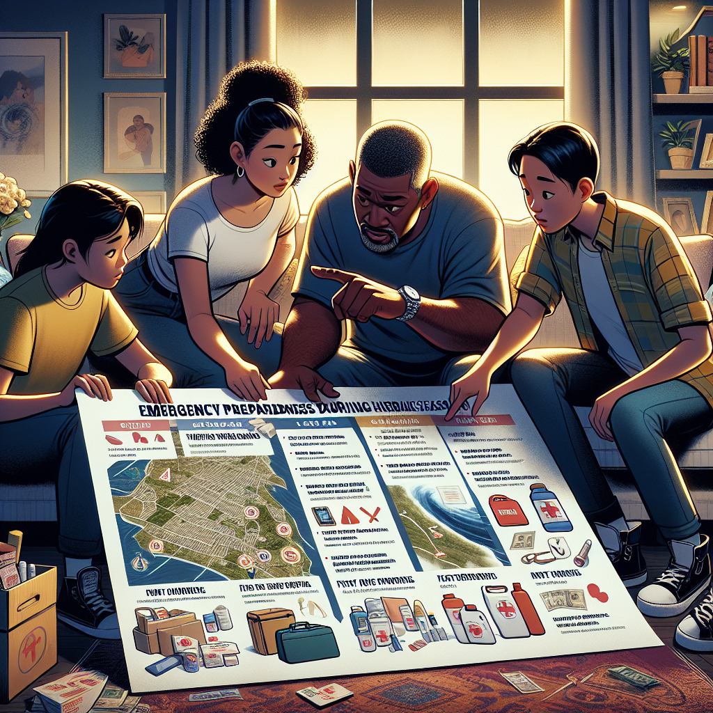 A depiction of a family closely examining a large, detailed infographic on emergency preparedness during the hurricane season. The infographic includes essential elements like a list of supplies, first aid pointers, and safe evacuation routes. The family consists of an African American father, Hispanic mother, and two teenaged children — a Caucasian girl and an Asian boy. They're seated together in their cozy family room. The father is pointing at something on the infographic with a serious expression, while the rest of the family listens attentively.