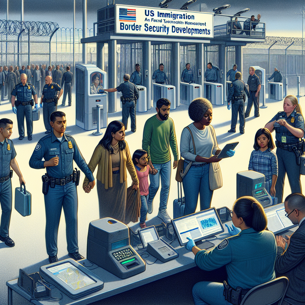 A detailed scene at a US border checkpoint. A group of diverse individuals of South Asian, Black, and Hispanic descent, consisting of both women and men, are being assisted by immigration officers. Technology is prevalent, with biometric scanners and computers evident. A signboard reading 'US Immigration - Border Security Developments' is prominently displayed. The background shows high-security fencing with surveillance cameras and unique security installations that illustrate the advanced technological developments in border security.