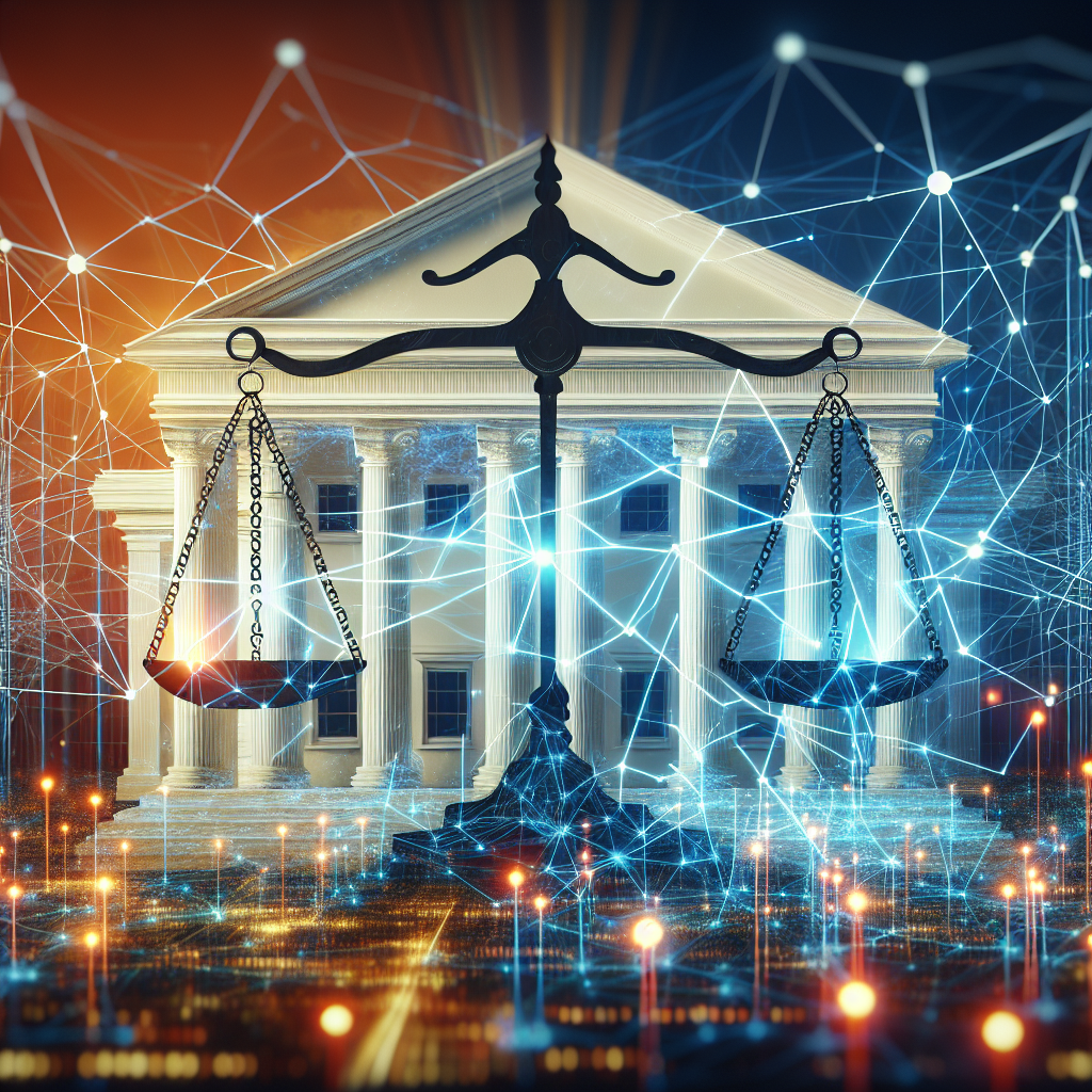 A large white building, representing a seat of power, is juxtaposed against a complex network of glowing lines indicating interconnected data points and nodes, representing artificial intelligence. Overlaying this background, a set of scales in balanced state symbolizing regulation. Emanating from the scales, rays of light suggest the implied 'best practices'. The scene is set during a twilight hour, with a blend of soothing sunset colors and the approaching blue hue of night, further emphasizing the theme of change and transition in regulations.