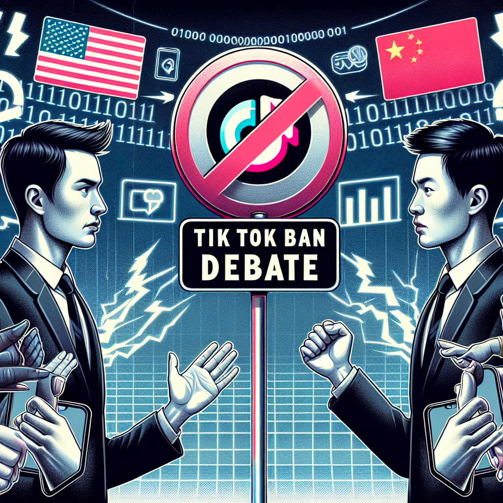 An illustrative representation of a debate scene between two figures. On one side, a person symbolizing the USA is dressed as a businessman, with dark hair and Caucasian features, defending a mobile application icon. The other individual is emblematic of China, dressed in a smart suit, has East Asian features, and is arguing with a disagreement gesture. In the background, there are symbols of technology and tension such as lightning bolts and binary codes. The title 'TikTok Ban Debate' is held prominently above the scene.