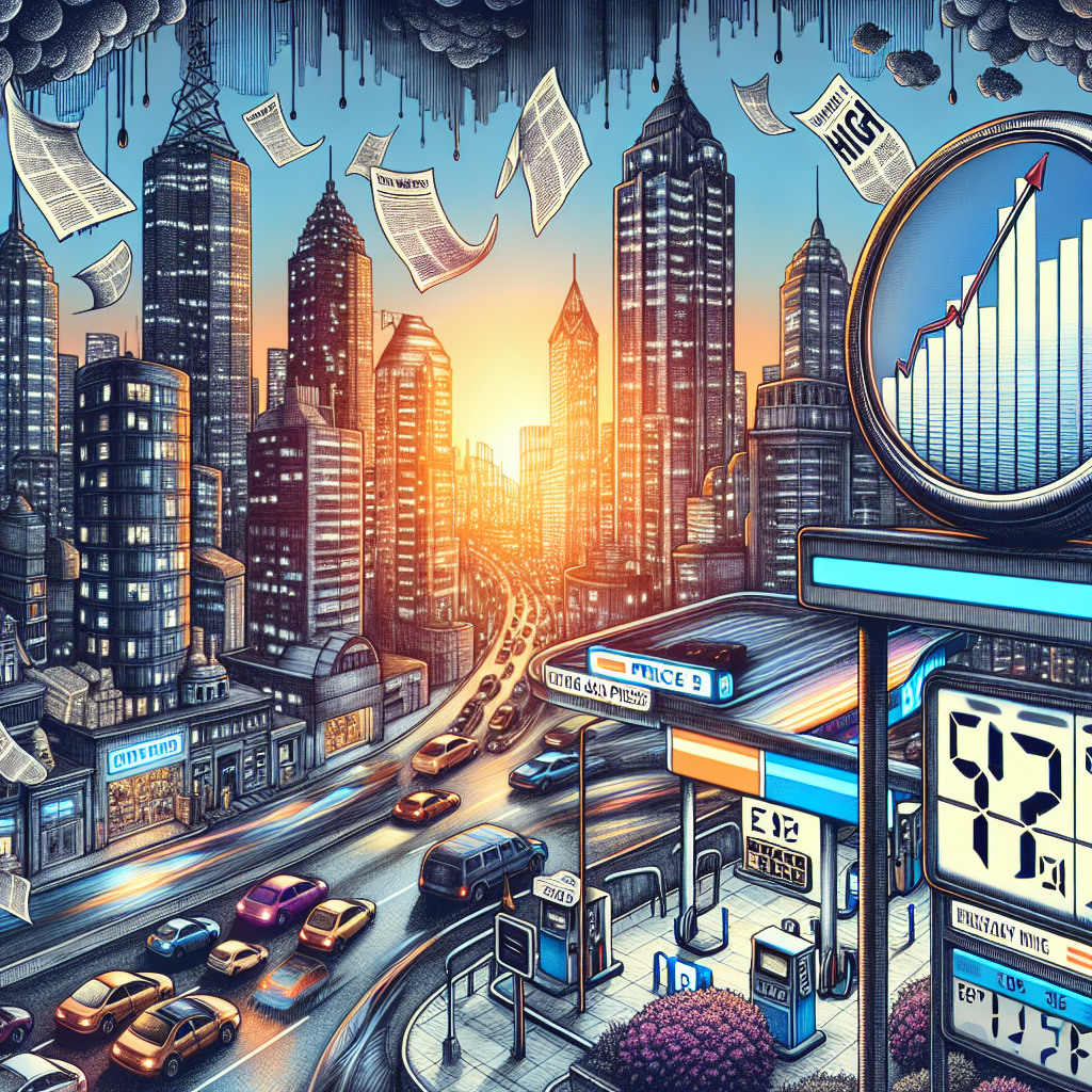 A detailed illustration of a dense urban cityscape with skyscrapers, lit by the setting sun. The streets are filled with cars and people. Large billboards show rising graph data, symbolizing increasing gas prices. On a foreground is a fuel station with high rate displayed on the price board. Newspaper articles, with headlines implying energy policy changes, are dramatically blowing through the streets. An additional layer of symbolism could be a metronome with the needle leaning towards 'High Prices'. The overall tone of the image is somewhat ominous, representing the potential hardship faced by many due to the price hike.