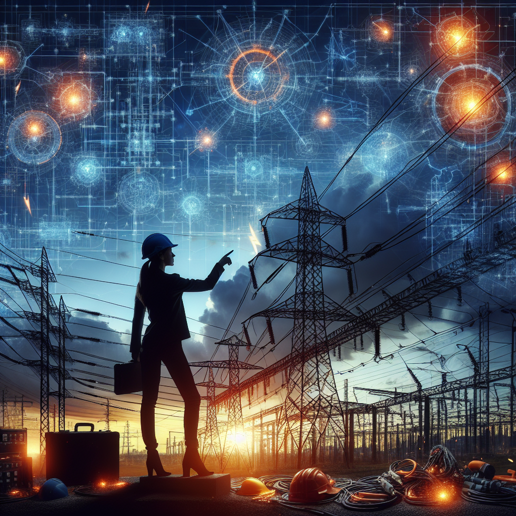 Picture depicting a complex network of interconnected power lines and electricity pylons against the evening sky. At the center, there's a silhouette of a female electrical engineering expert who is of Hispanic descent, pointing towards a section of this intricate grid. In the background, highlight dramatic storm clouds approaching, to symbolize potential threats to the grid. Add sparks and visible signs of wear and tear on some equipment to emphasize the vulnerability. Scatter some safety equipment like helmet, insulated gloves, and a toolkit nearby to give the message about preventive measures.