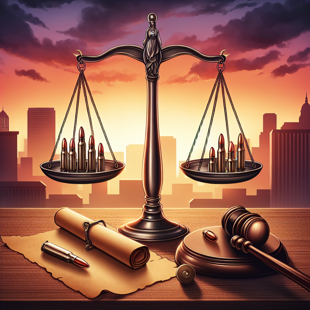 Illustration of a balance scale on a wooden table. On one side of the scale, there are several metallic bullets and on the other side, there's a parchment scroll, symbolizing laws or legislation. A gavel is laying beside the scale. The background is a dramatic sunset casting orange and purple hues across a cityscape silhouette. Incorporate a discreetly placed phrase in metallic embossing that reads: 'Federal Action on Gun Violence Needed Now!'. Convey the urgency and weight of the topic.
