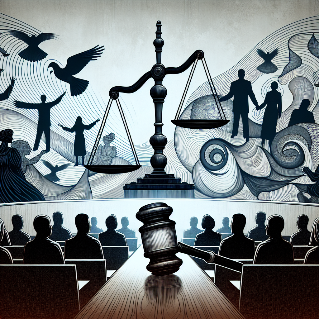 A symbolic image representing the intricate process of high-profile criminal trials in the US justice system. Depict a balanced scale signifying verdict determination, and a gavel that stands for court authority. For the backdrop, capture the outline of a courtroom, with a Caucasian female judge presiding, a South Asian male prosecutor arguing his case, a Black female defense attorney making her point, and a mixed-race jury attentively listening. The impact of the trial could be represented by a wave ripple effect emanating from the courtroom, affecting multiple ethnic populations represented as diverse silhouettes outside.