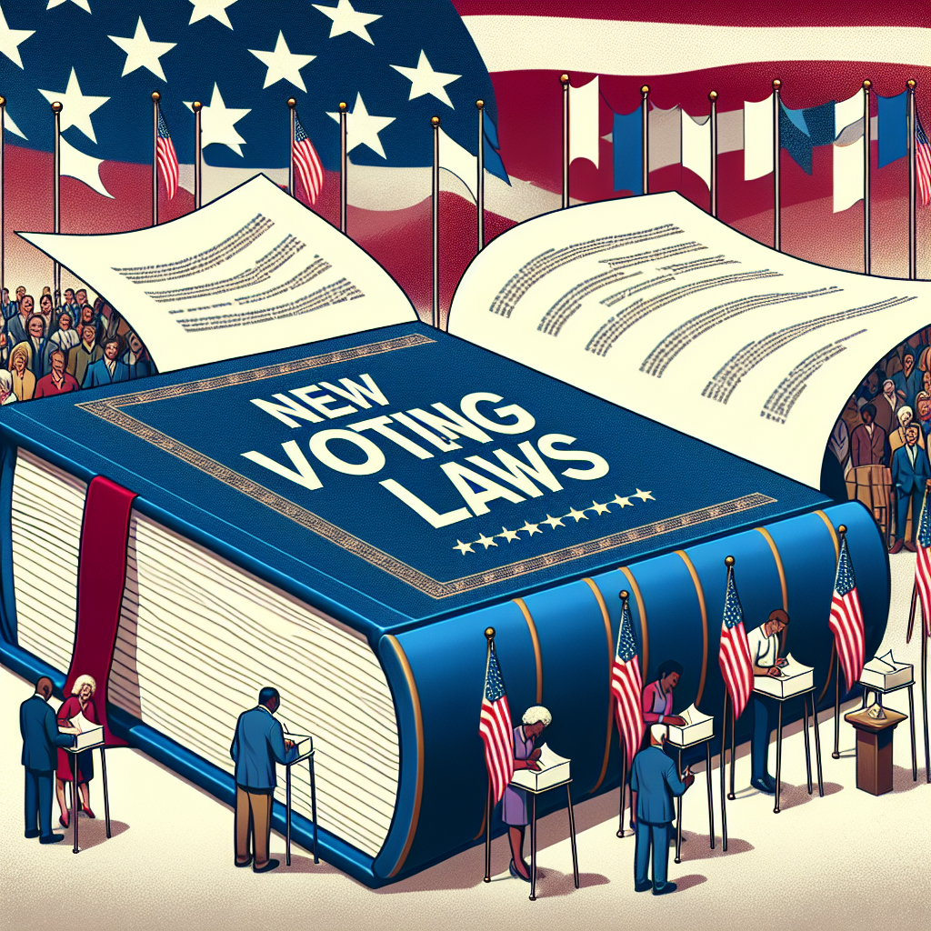 A symbolic representation of new voting law changes in the United States post-election. Depict a large book, titled 'New Voting Laws', open in the foreground, with pages filled with new legislations. In the background, depict diverse voters across age, race, and gender casting their votes in voting booths. Flags of the United States fluttering around, symbolizing the country. No public figures or politicians are depicted.