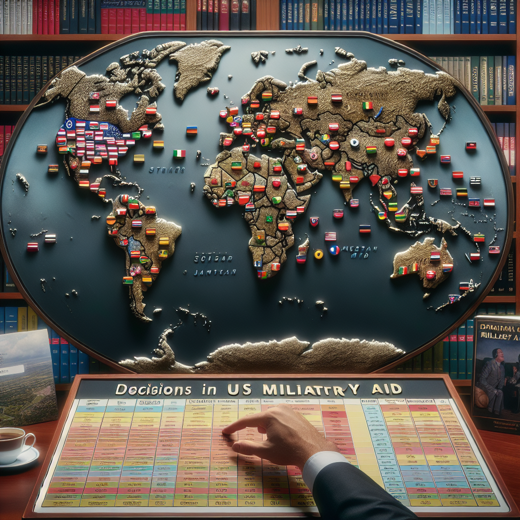 A booming map of the world engraved in a metal sheet, with different coloured flags pinpointing locations on it. Each flag has a small plate underneath showing types of aid or strategic relationships. Next to the map, a hand, caucasian male's, hovers as if deciding where to place an additional flag. There are shelves in the background carrying books on global security, strategy, and international relations. On a side table, there's a cup of coffee steaming, next to a strategic report titled 'Decisions in US Military Aid'.