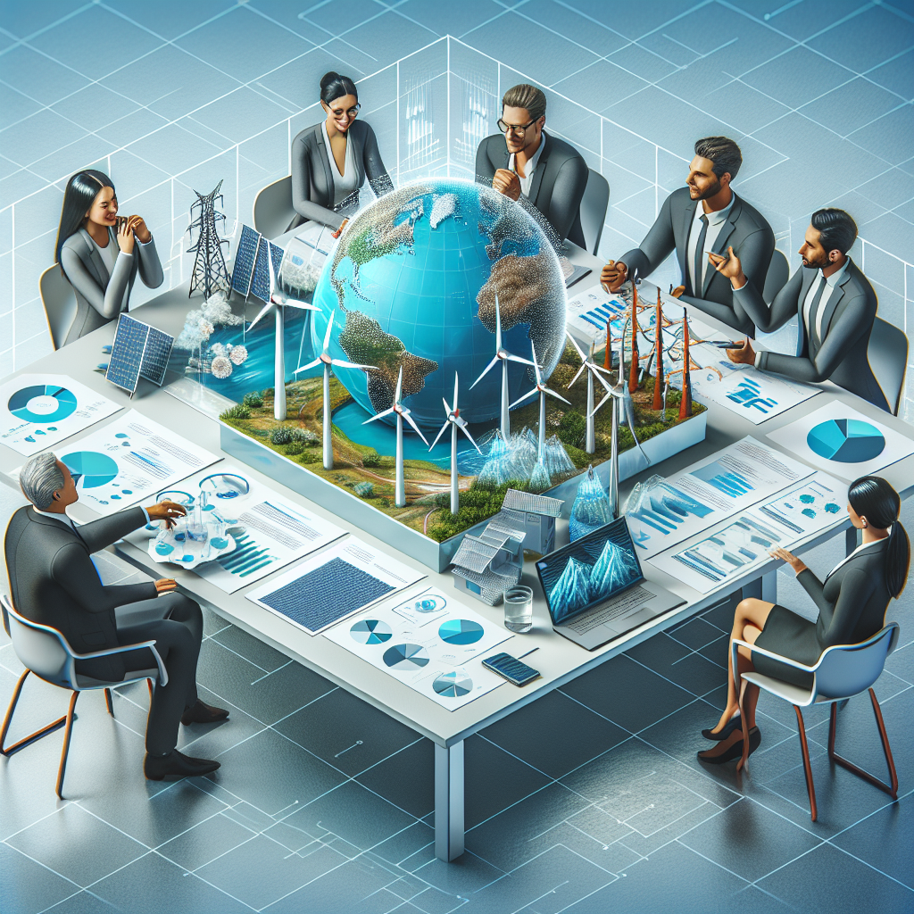 An illustrative image showing various types of clean energy investments in a sustainable world. Depict a bright, organized office scene with a multi-ethnic group of professionals engaging in a meeting. Include a Caucasian woman, Hispanic man, Asian woman and a Middle-Eastern man, all dressed professionally, deliberating on strategies surrounding a 3D holographic globe showing wind turbines, solar panels, and hydroelectric dams. Strewn across the table should be documents, graphs and charts indicating the progress and potential of these clean energy investments. This image should invoke the sense of climate-conscious choices and the importance of diversified strategies for a greener future.