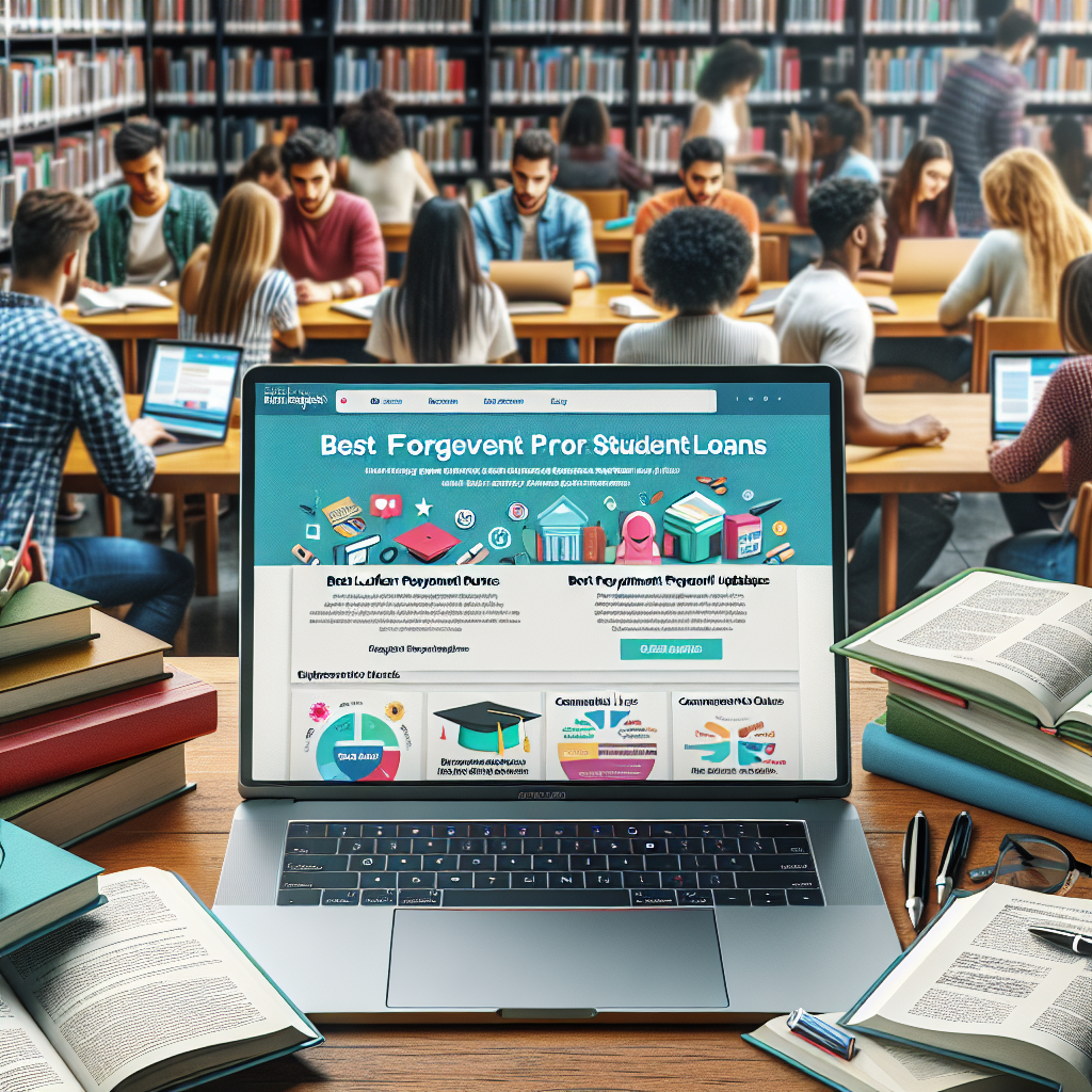 A busy scene at a university library with many students of diverse descents and genders. Some are studying at a table filled with books, others are on their laptops. At the center, there is a big silver-gray laptop with a vibrant screen showing a helpful website titled 'Best Forgiveness Programs for Student Loans'. The screen displays comprehensive lists, colorful charts and positive testimonials. Next to the laptop, there's an open book on the table with the title 'Student Loan Repayment Updates' on the cover.