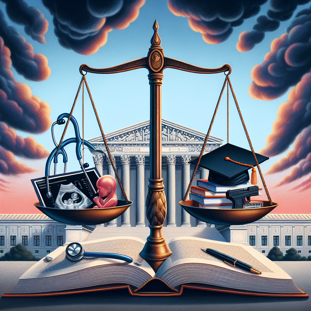 Illustration depicting the scales of justice balanced on an open law book. On one scale pan, a stethoscope and a fetal ultrasound picture represent medical procedures. On the other scale pan, a standalone symbol of an educational cap, a student loan bill, and a graphic of a firearm represent student loans and gun laws. The U.S. Supreme Court building stands in the background under a sky filled with shifting clouds to symbolize potential change. The atmosphere is that of the early evening. All aspects are portrayed in a neutral, balanced manner.