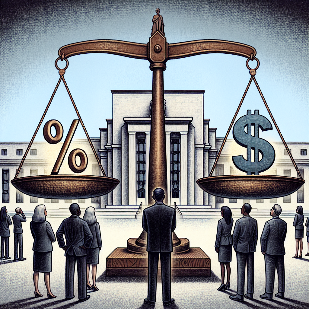 A detailed illustration symbolizing the management of inflation through Federal Reserve's interest rate decisions. Picture a scale balancing two elements: on one side, a symbol of interest rate, such as a percentage sign; and on the other side, a symbol of inflation, possibly a dollar sign with an arrow pointing upwards. In the background, a large, stately building (avoid specific buildings like the Fed, instead opting for a generic one) represents the Federal Reserve. Include a diverse group of people (a Caucasian female, a Black male, a Hispanic male, and an Asian female) standing and observing the scale, their expressions showing studious concentration.