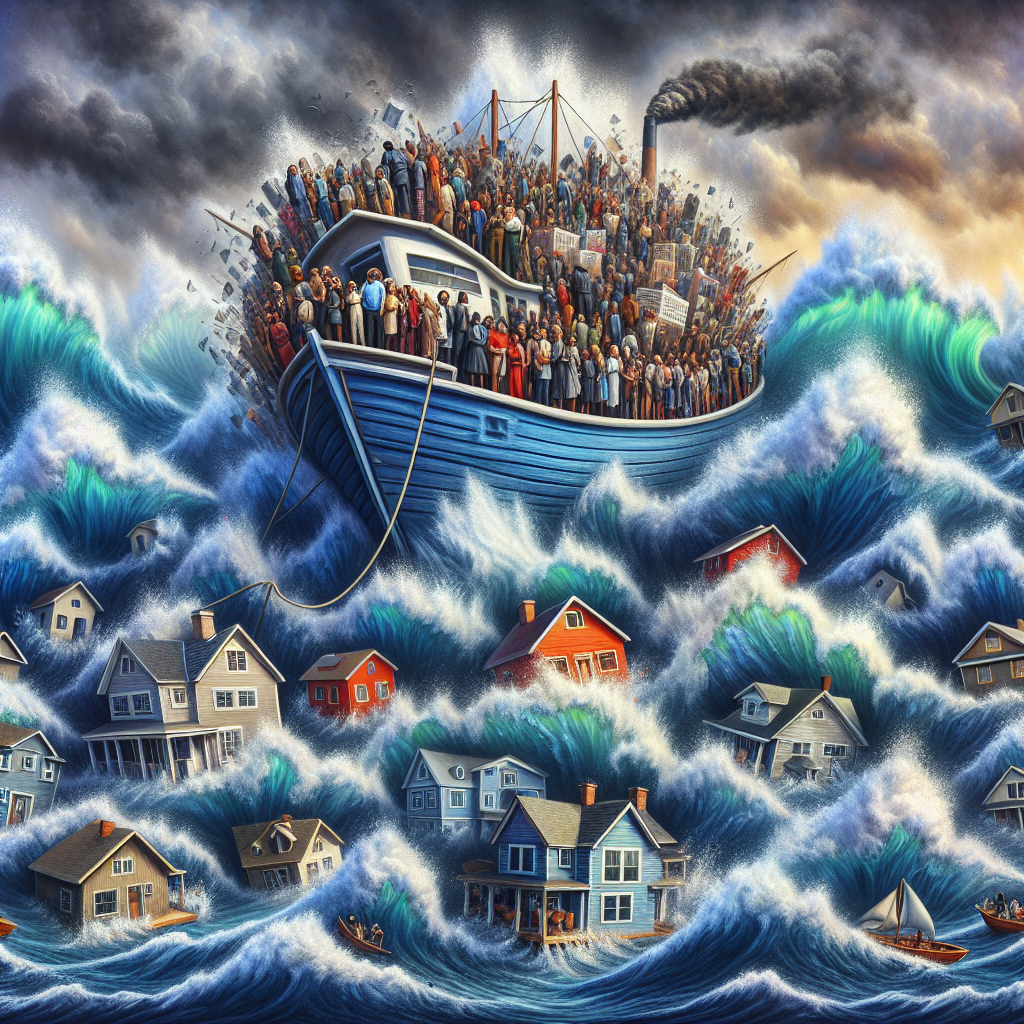 Visualize an image depicting a broad interpretation of the US housing market crisis. Picture a vast, turbulent sea with towering waves symbolizing rising mortgage rates. In this sea, show various types of houses struggling against the storm, some almost submerged. In the midst of this chaos, however, there's a ship steadfastly navigating the tumultuous waves. The ship symbolizes the 'best strategies' to navigate the crisis. On the ship, include a diverse group of people representing homebuyers or homeowners of different descents such as Caucasian, Hispanic, Black, Middle-Eastern, and South Asian, highlighting unity amid the crisis.